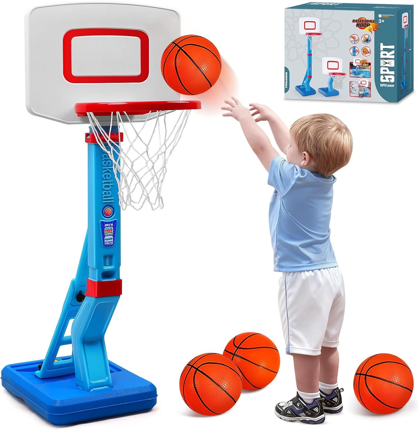 Toddler Basketball Hoop Indoor Outdoor – Height Adjustable 27.6-54 Inches (5 Slots), Kids Basketball Hoop with 4 Inflatable Balls & Pump, Safe Toddler Toys for 1-6 Year Old Boys Girls
