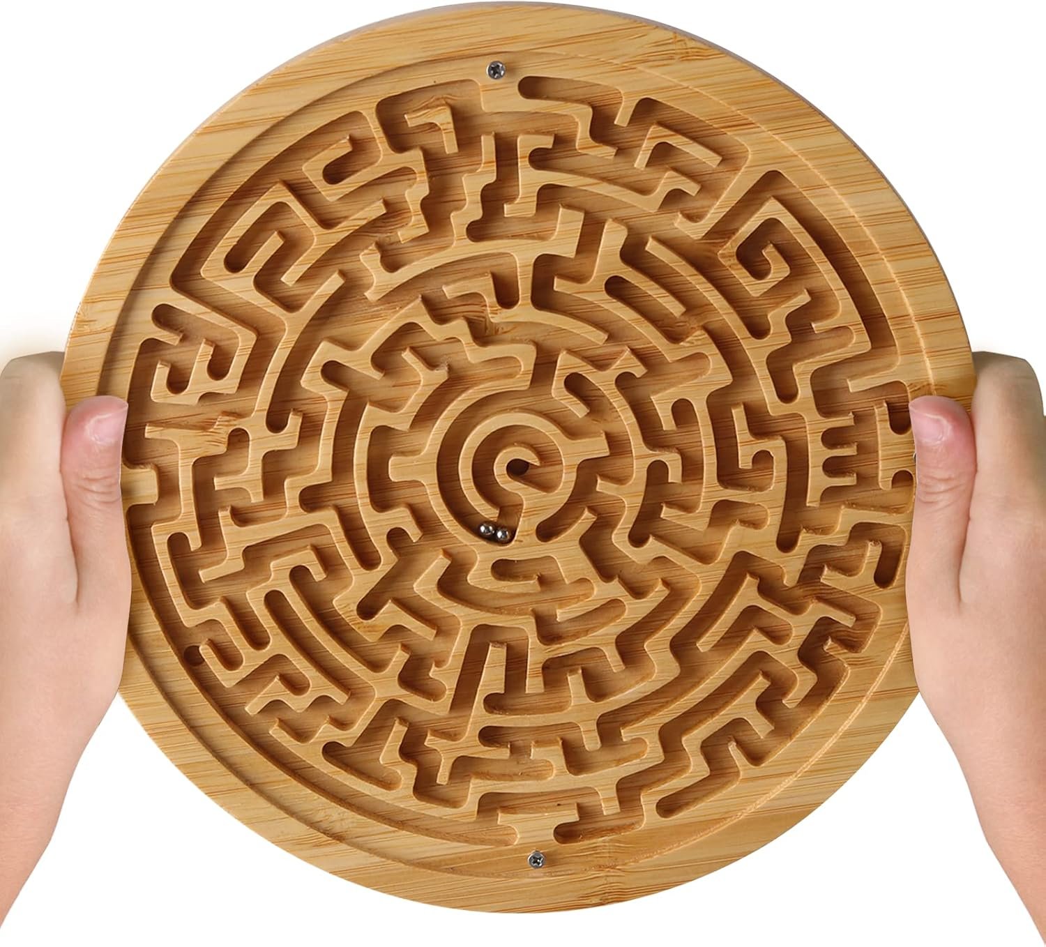Round Wooden Labyrinth Board Game – Marble Maze for Education and Fun, Toddler Activity Board, Brain Teaser Puzzle Logic Game with Two Metal Balls for Kids, Adults, Teens, Boys, and Girls