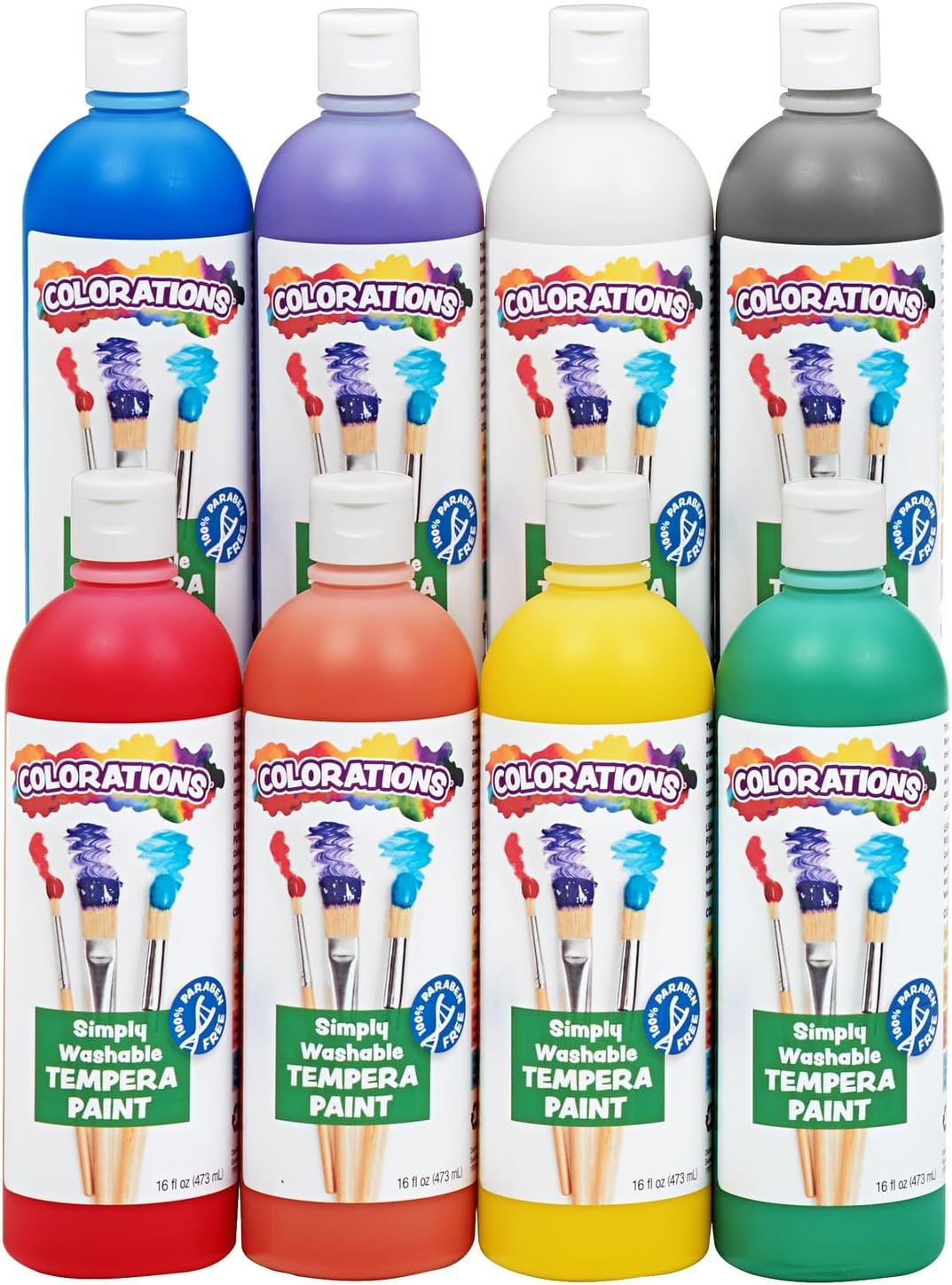 Colorations Paraben-Free Simply Washable Tempera Paint, Rainbow Plus 8-Pack | Matte Finish, Vibrant Colors, Non-Toxic, Classroom Supplies, School & Craft Art Supply Set, 16 oz Each