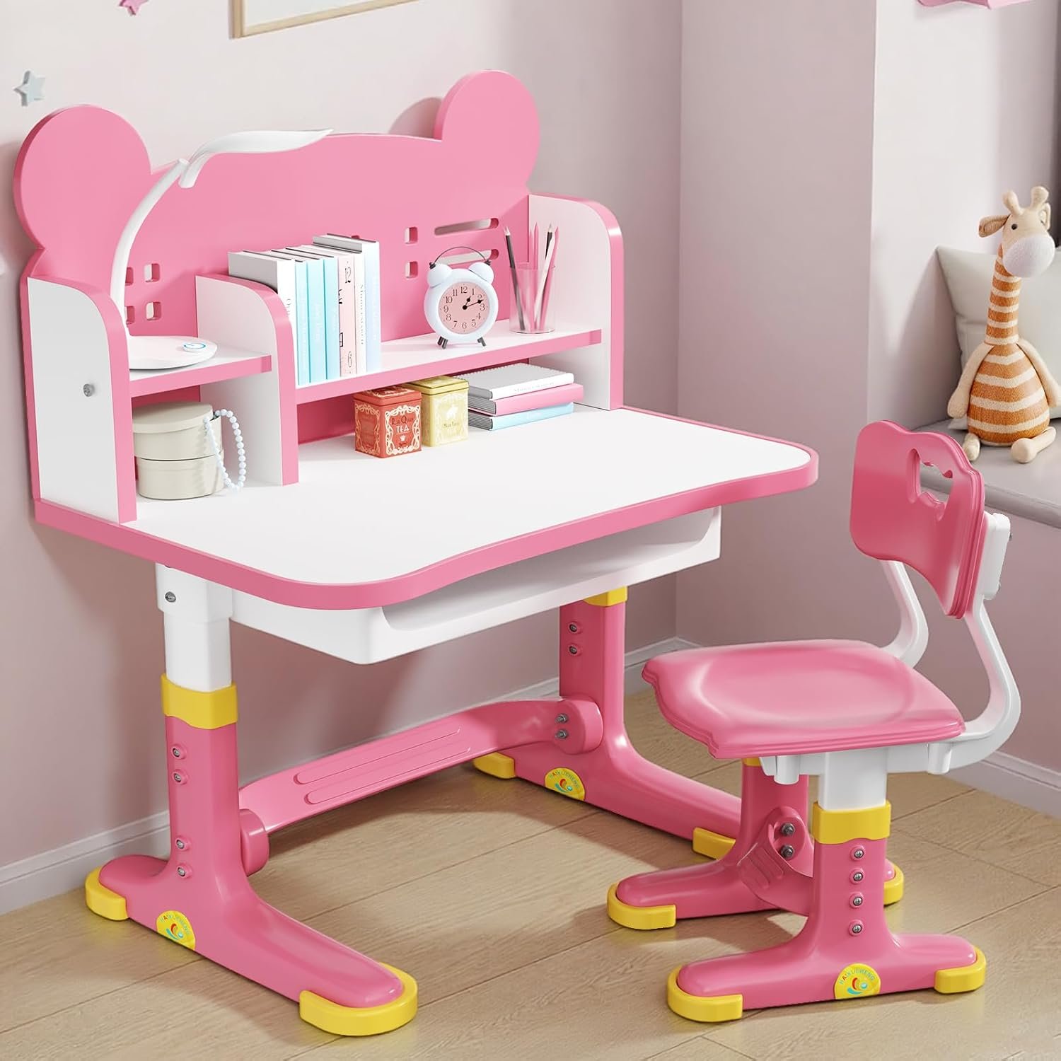 Kids Desk and Chair Set, Height Adjustable Kids Desk | Child’s School Study Writing Tables with Bookstand and Storage Drawer, Widened Desktop with Desktop for Boys and Girls