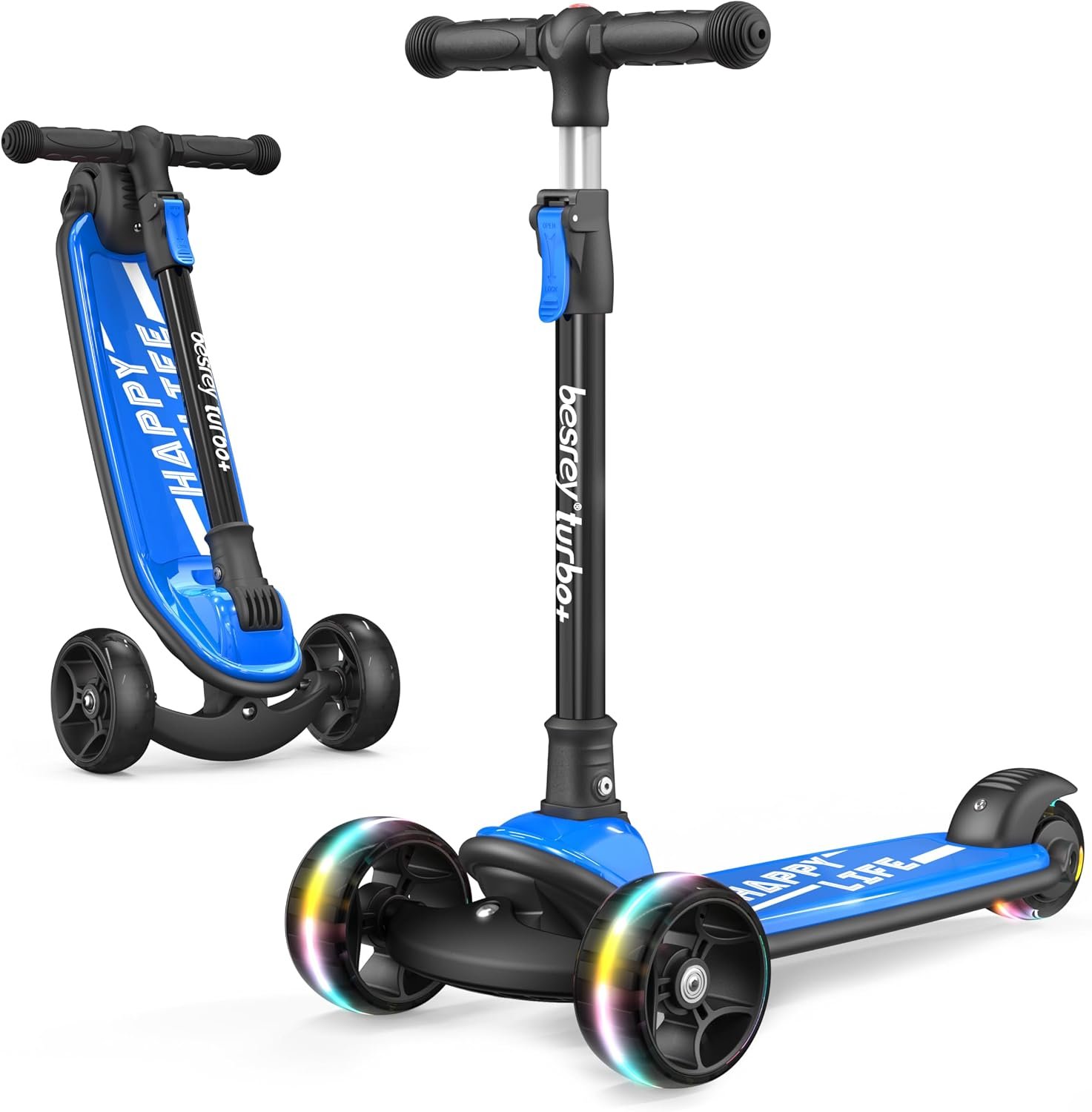 besrey 3 Wheel Scooter for Kids Ages 3-10 with 4 Adjustable Height | LED Light Wheels, Foldable Toddler Scooter, Extra Deck, Lean-to-Steer Design, Sturdy and Safe