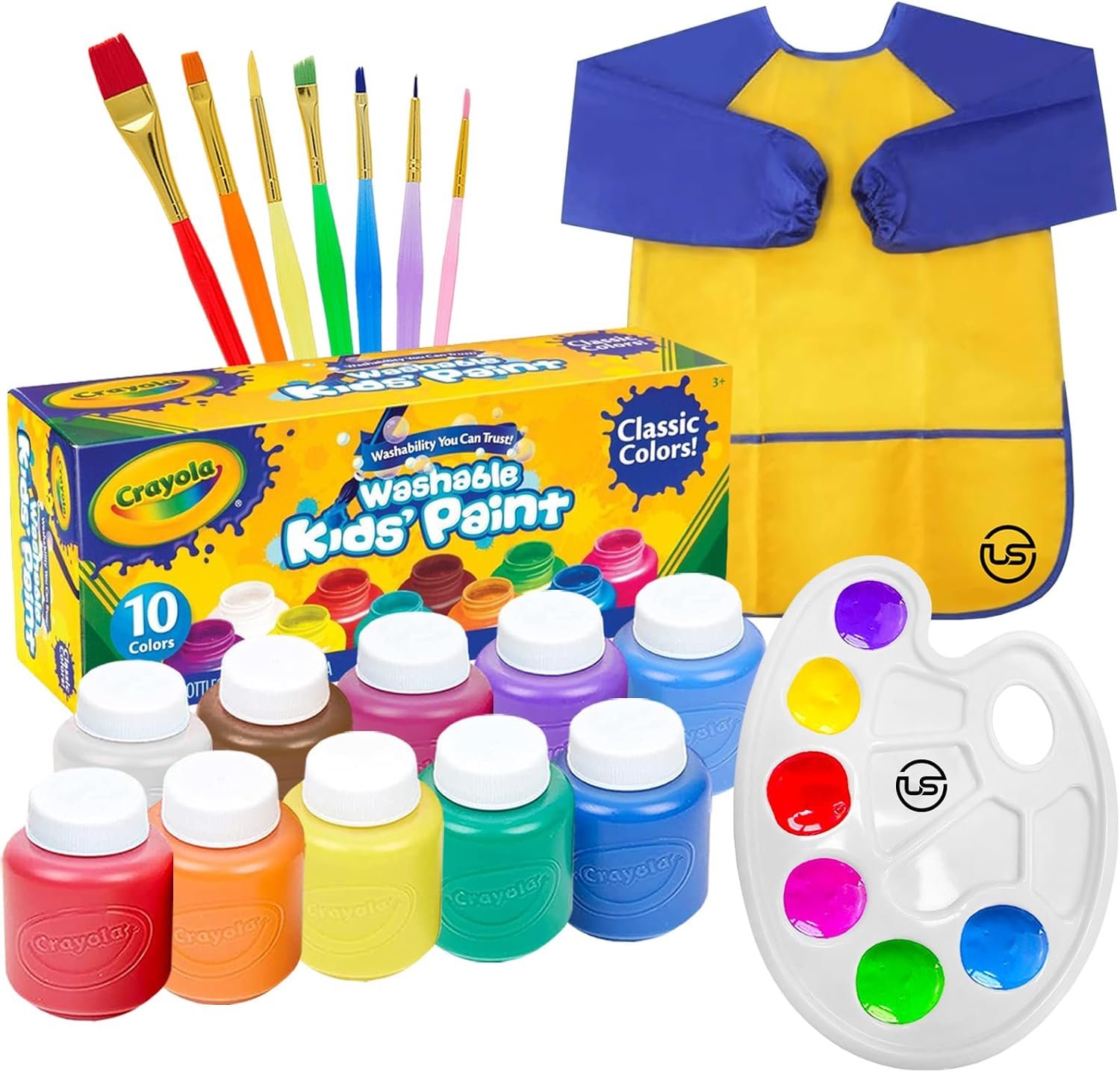 Kids Painting Set, Washable Paint for Kids 10 Colors, 7 Paintbrushes, Paint Palette, Painting Smock, Non Toxic Tempera Paints 2 oz Each,Paints for Toddlers Gifting bundle Art, Crafts