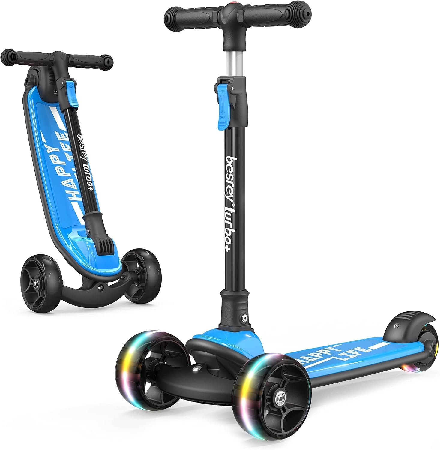 besrey 3 Wheel Scooter for Kids Ages 3-10 with 4 Adjustable Height | LED Light Wheels, Foldable Toddler Scooter, Extra Deck, Lean-to-Steer Design, Sturdy and Safe