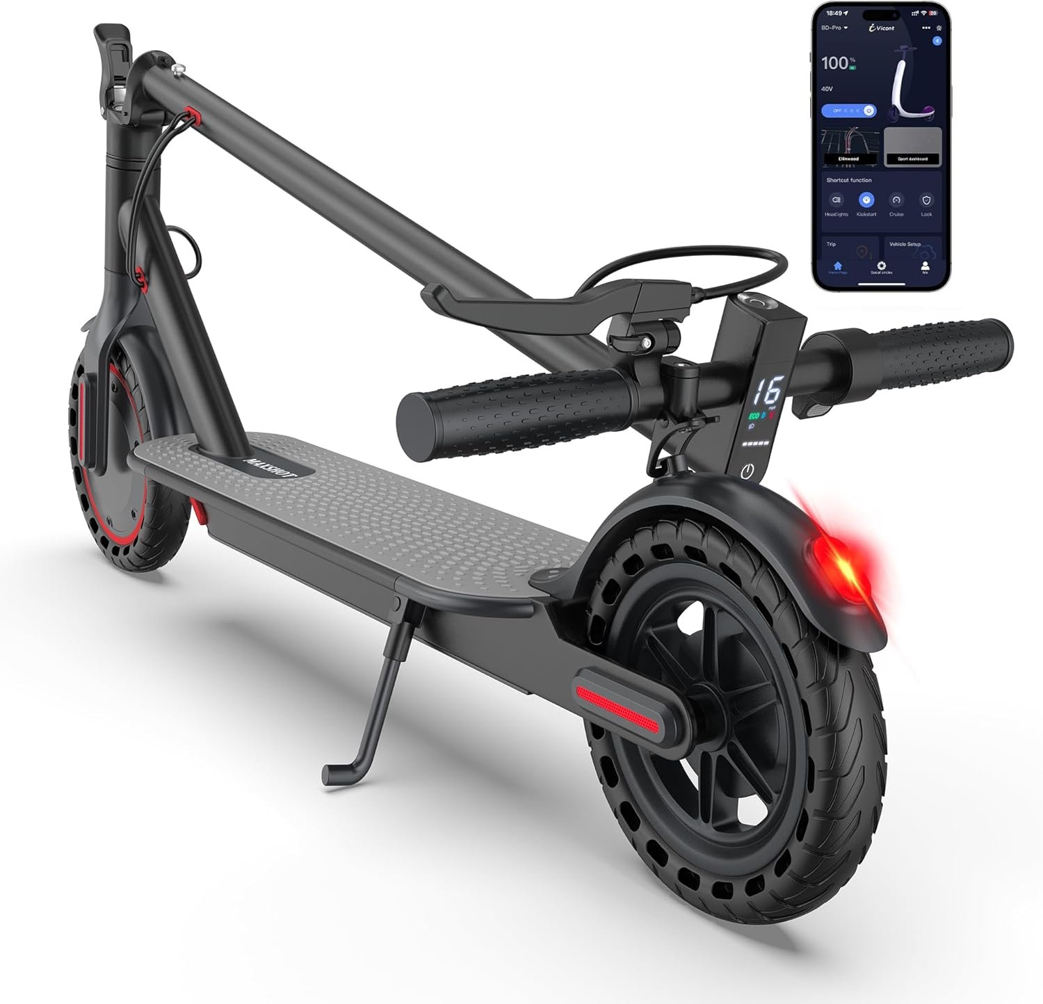 Maxshot Electric Scooter, 8.5″ /10″ /14″ Tire, 16/19/22 Mph Top Speed, 12/16/21/27/28/49/50 Miles Long Range, Folding Escooter for Adults and Kids with Seat Bag, Dual Braking, Dual Suspension, App