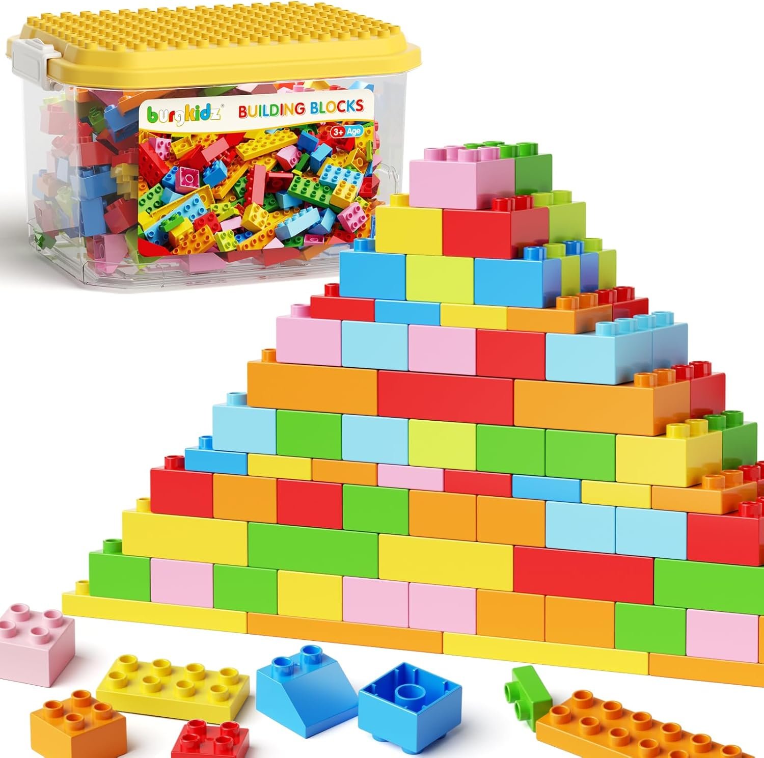 burgkidz 150PCS Jumbo Building Blocks with Clear Storage Box & Baseplate Lid – STEM Educational Toys for Toddlers 3+ Years, Compatible with Major Building Systems