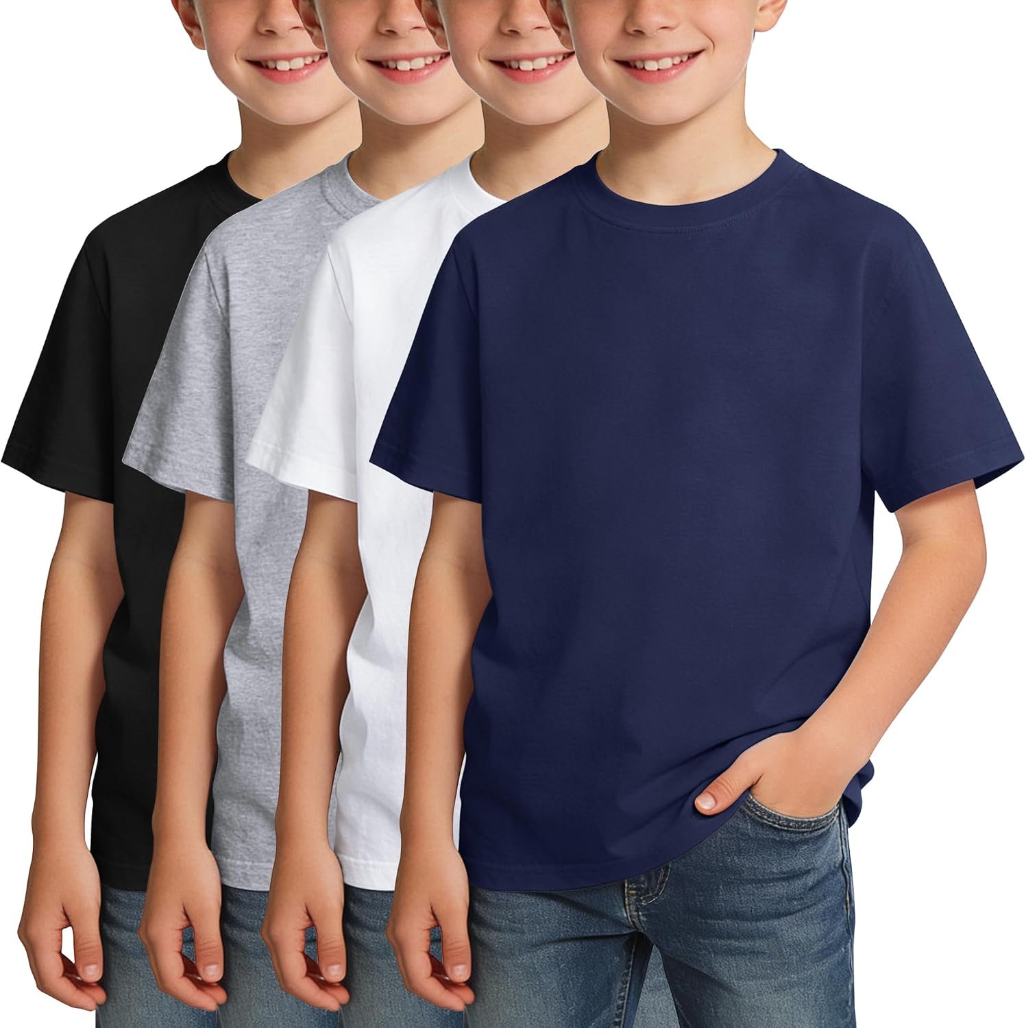 BOOPH 4 Pack Boys Shirts Kids Crew Neck T-Shirt Cotton Clothes Uniform Tops | Summer Short Sleeve Tshirts for Toddler Kids Teen 5-14 Years