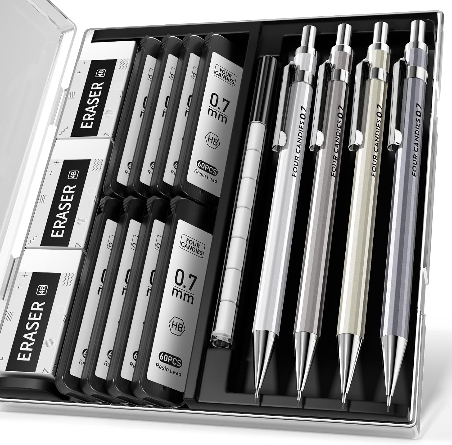 4PCS Metal Mechanical Pencil Set, 0.7mm Medium Point Pack with Storage Case | 480 Leads, 3 Erasers+9 Refills, For School Writing, Sketching, Art Drawing & Professional Drafting