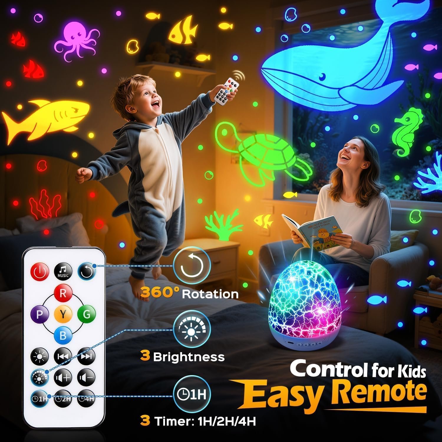 Excavator Construction Toy Projector, 15 Sounds & 6 Films Truck Night Light | Birthday Gifts for Boys Toddler 1-10,White Noise Dinosaur Egg Night Light for Kids Room Decor,5 Color Remote Timer Brightness