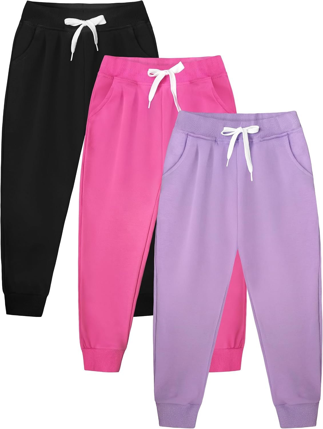 VOGRYE Girls’ Sweatpants 3-Pack Soft Joggers with Pockets, Elastic Waist Athletic Pants for Kids Toddler School Sports