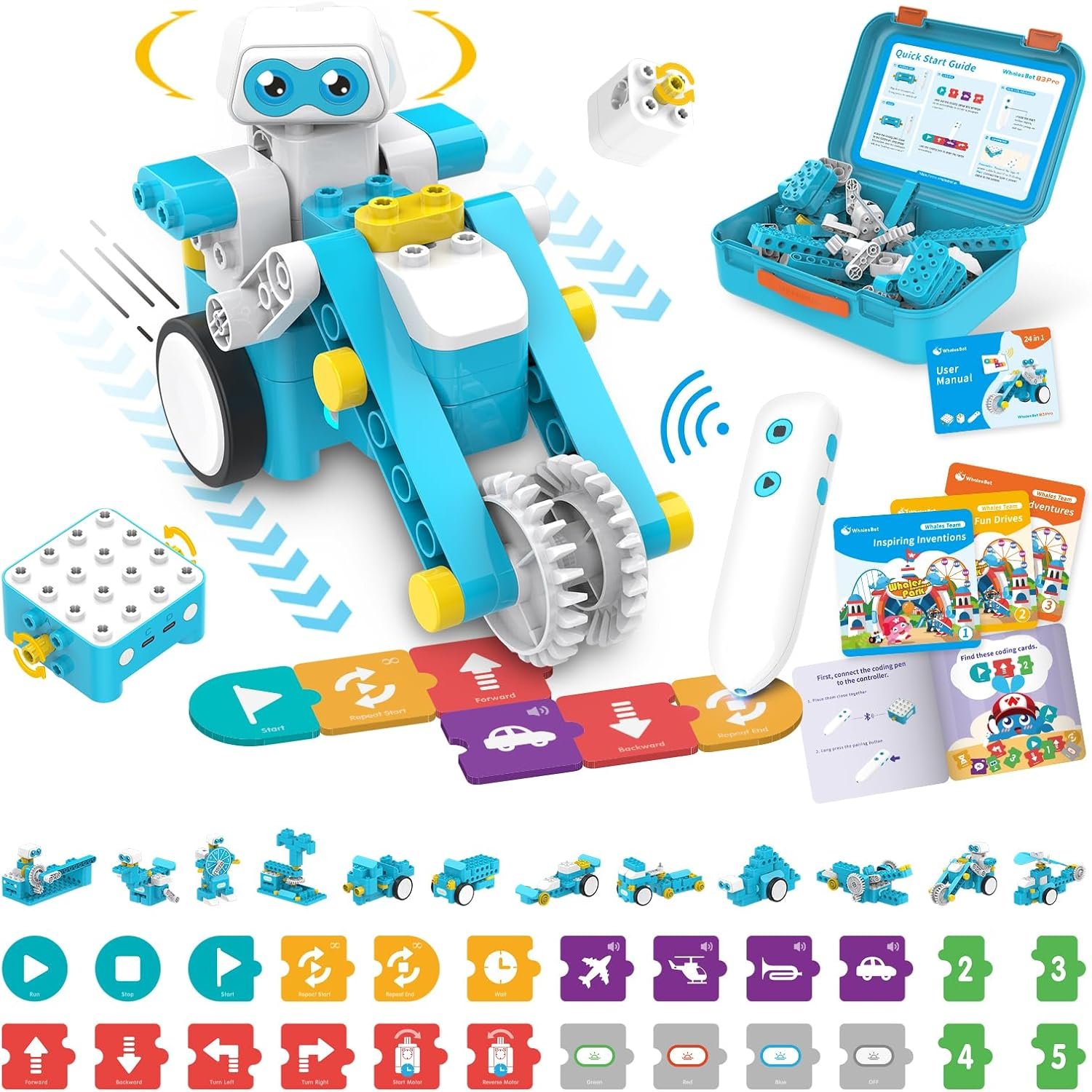 WhalesBot B3 Pro 24-in-1 Coding Robot Kit, Educational STEM Toy, Advanced Smart Programming for Educators, Robot Building Set with Controller&Motor&Sensors for Kids 4-6, 5-7