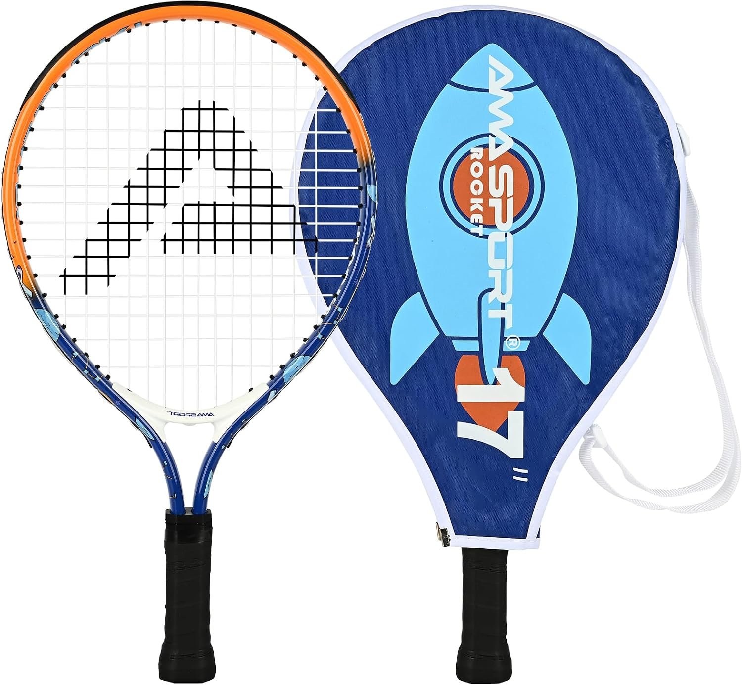 AMA SPORT Kids Tennis Racket for Junior, 17-25 Inches, Age 2-10 | Beginner tennis racquet with rocket theme, lightweight frame and cushioned grip. Includes carry bag.