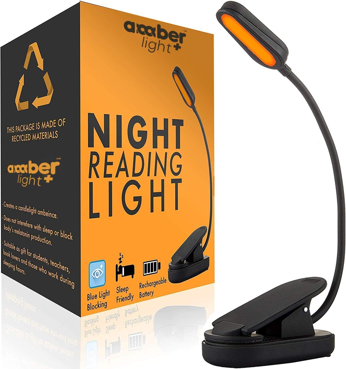 Amber Light + Giftable Amber Book Light – Blue Light Blocking – Night Reading Booklight Store. Rechargeable. 1600K for Reading in Bed at Night. Perfect as a Giftable Kindle Light and LED Book Light.