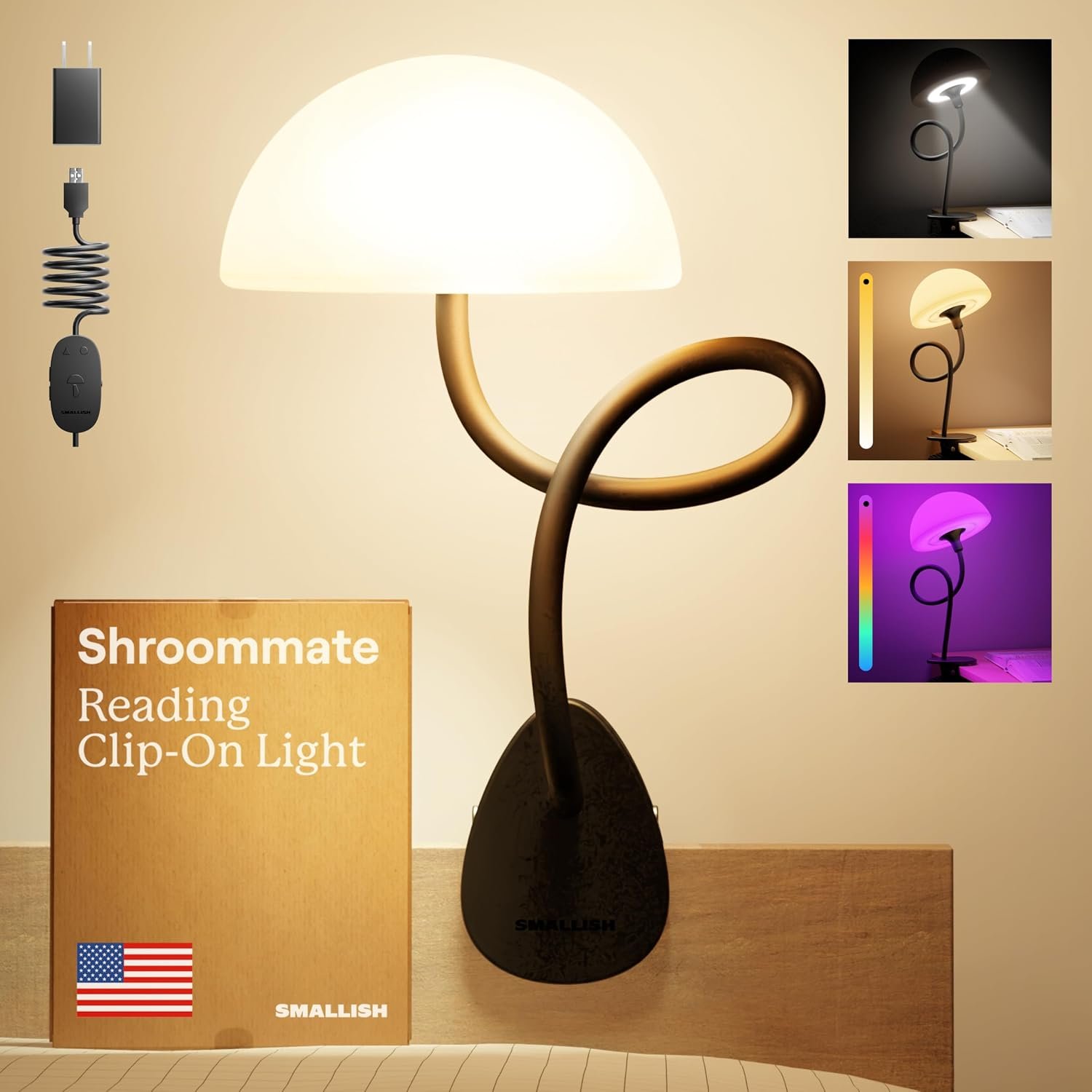 Shroommate Dorm Room Essential Clip On Bed Light – Headboard and Bedside Table Lamp, Flexible Reading Lamp, Night Light for Kids Nursery, Clip on for Desk, MultiColor LEDs, Adapter Included (Black)