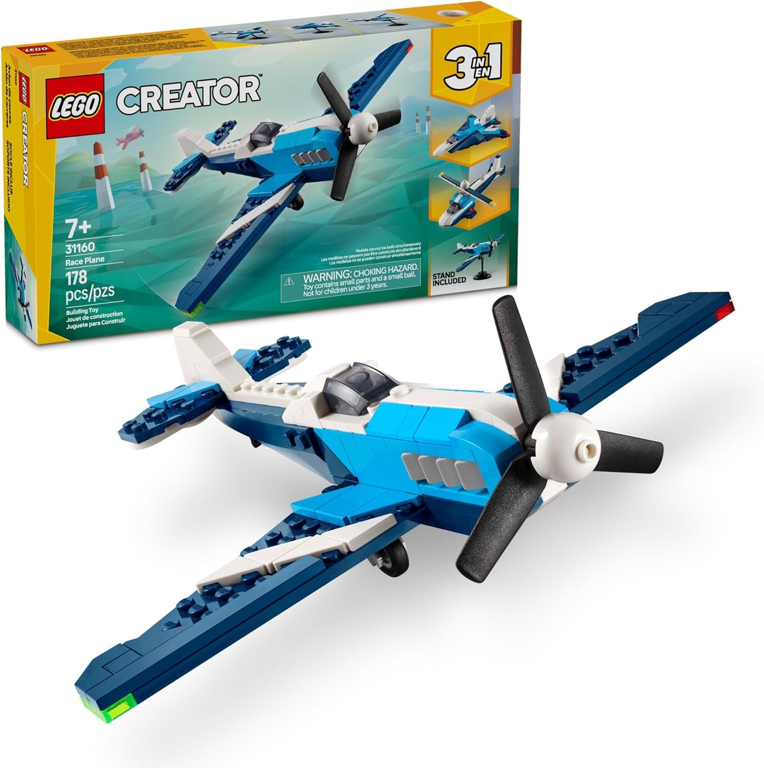 LEGO Creator 3 in 1 Aircraft Race Plane Toy – Building Toy with 3 Building Options, Airplane, Fighter Jet, or Helicopter – Gift Idea for Kids, Boys and Girls, Ages 7+ – 31160