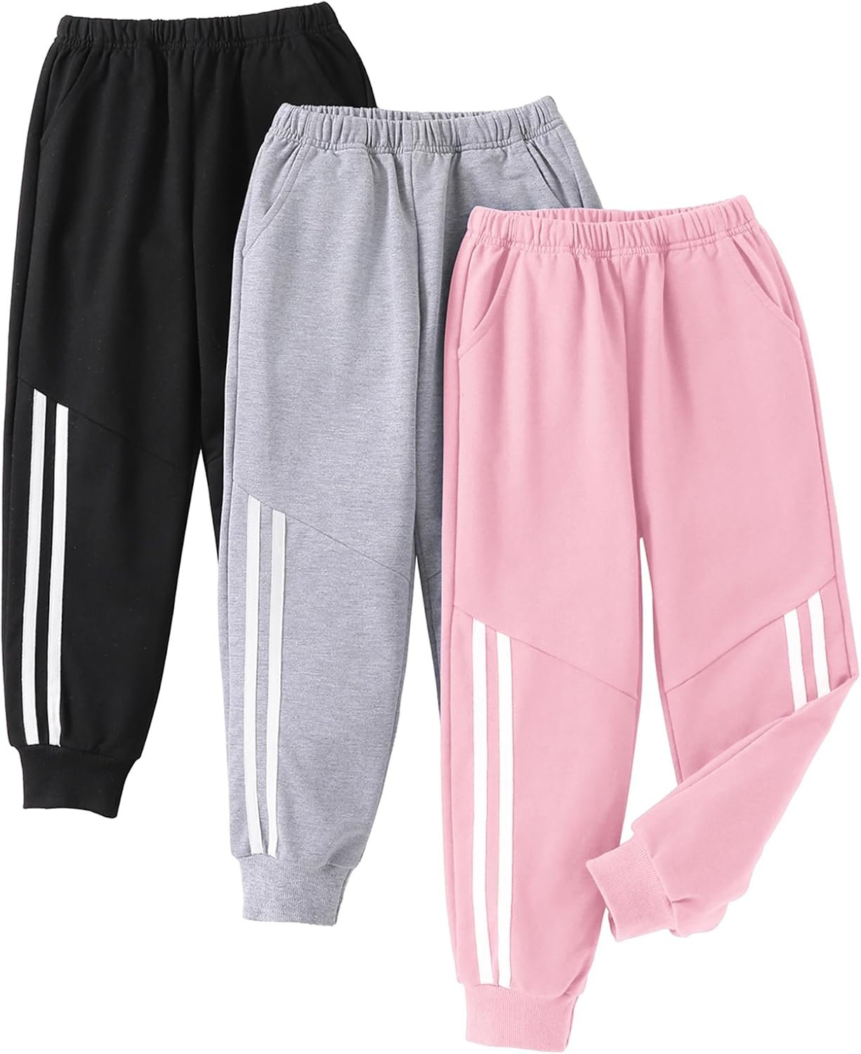 Girls’ 3 Pack Cotton Sweatpants Elastic Waisted Joggers Athletic Pants with Pockets for Kids 3-14 Years
