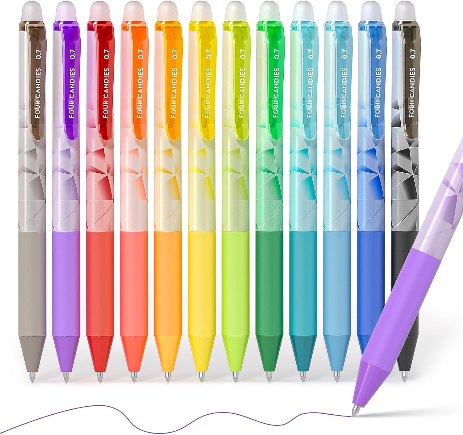 Four Candies Retractable Erasable Gel Pen, Fine Point, 0.7mm, 12 Colors | Make Mistakes Disappear, Vibrant Assorted Color Erasable Pens for Writing, Planners & Crossword Puzzles