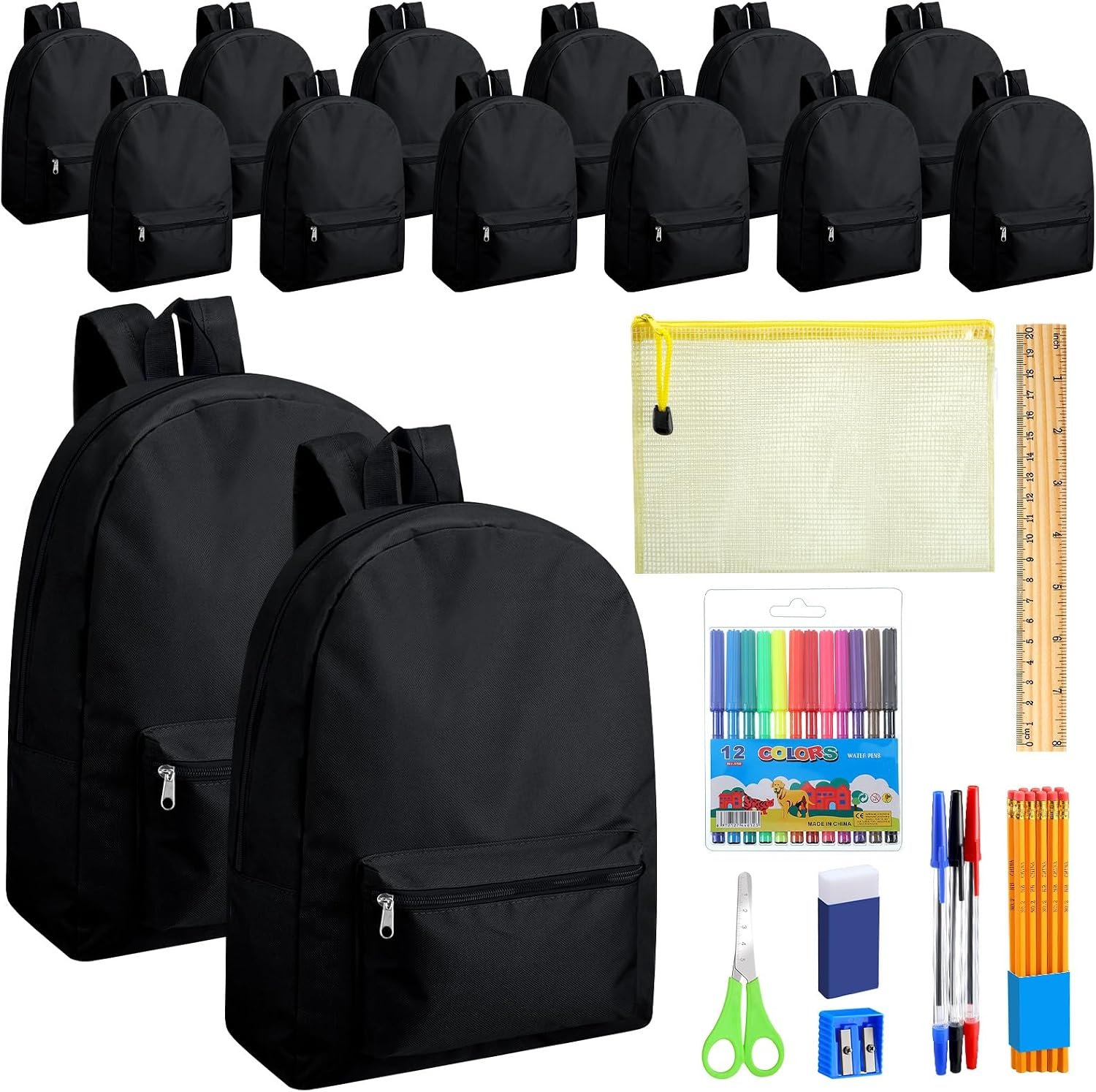 Silkfly 24 Pack 17” Backpacks Bulk with 24 Stationery Supply Sets, Bookbags and Writing Accessories Kit for Donation(Black)