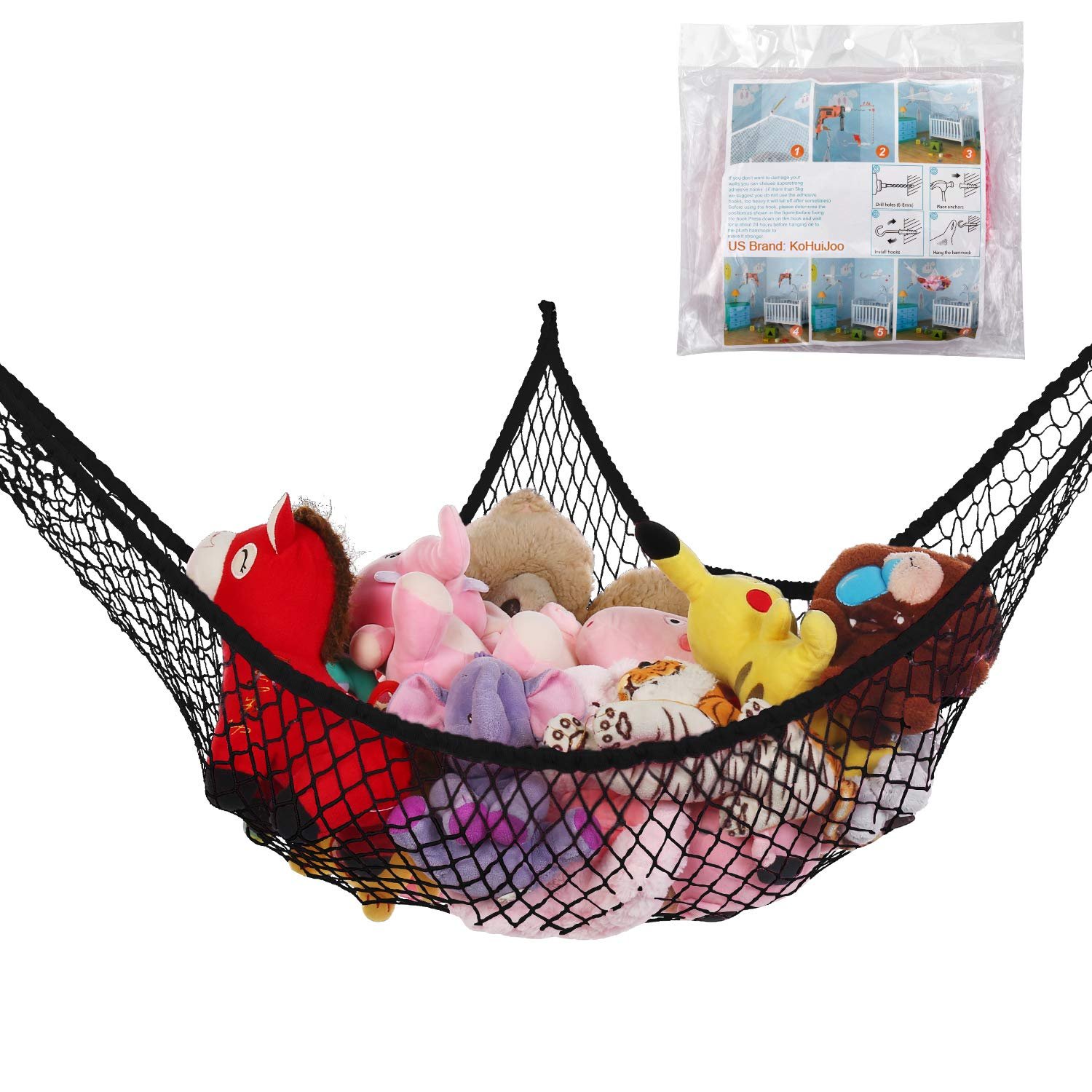 Stuffed Animal Hammock, Jumbo Toy Storage Net 83″ Wall Sling Corner Extra Large Kids Children Mesh Toy Net Organizer (Black, 83 Inch)