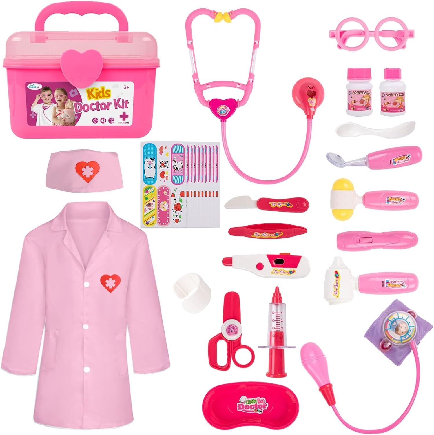 Liberry Doctor Kit for Toddlers 3 4 5 Years Old, Kids Doctor Play Set for Girls Boys Toy, Pretend Play Medical Kit with Stethoscope & Costume for Christmas Birthday Gift Pink | Kids Pretend Play Medical Kit with Stethoscope & Costume, Light & Sound Effect, Girls Boys Educational Birthday Gift