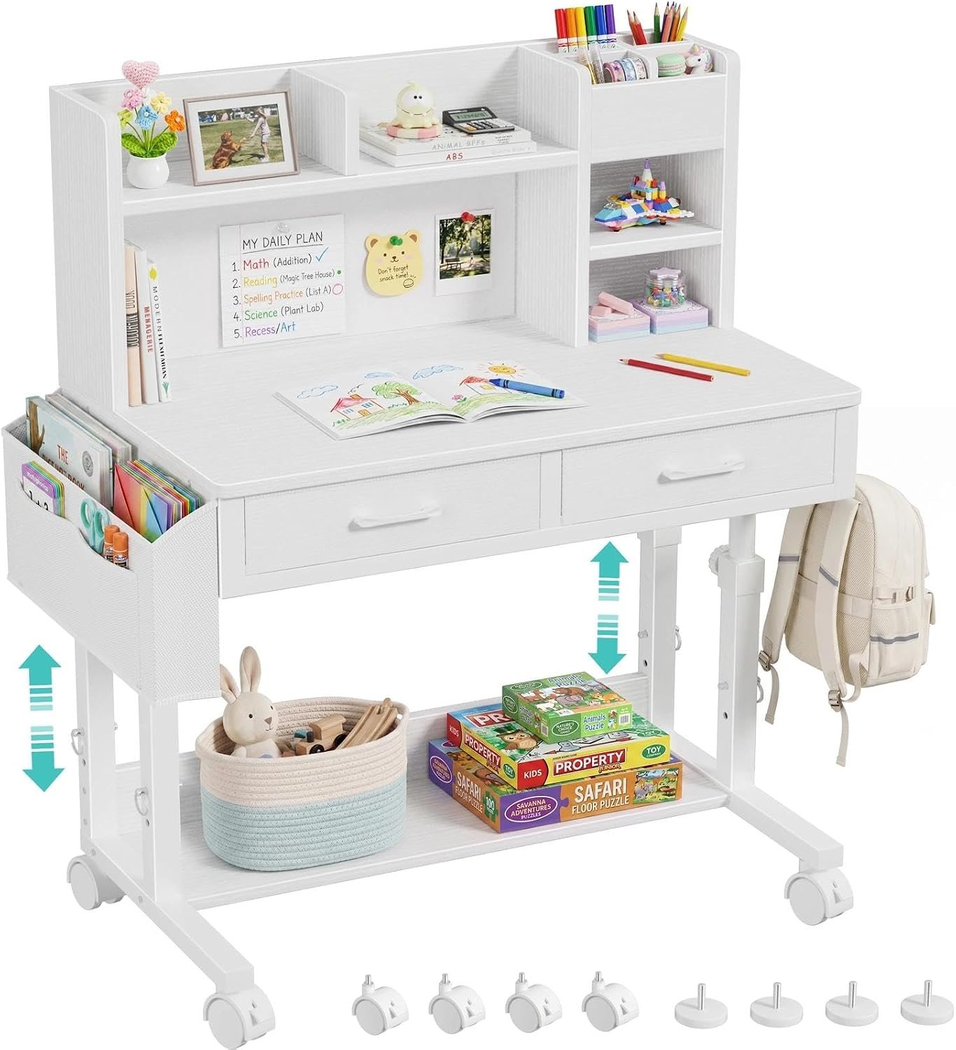 WINAZ White Kids Desk with Hutch, Height Adjustable 32″ Small Study Table | Mobile Rolling Desk with Drawers, Storage Shelves, Felt Pin Board, Side Bag & Hooks for Girls Boys Teen Study Writing