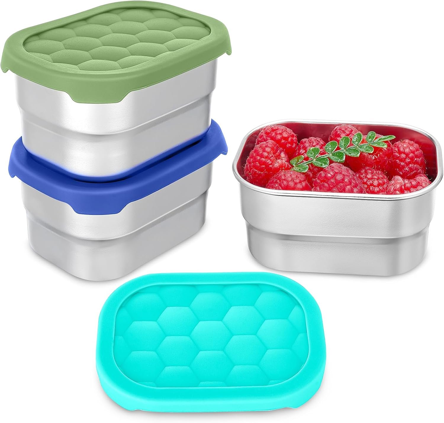 Gencywe® 3 Pack Stainless Steel Snack Containers for Kids, 8 oz Easy Open Leak Proof Small Toddler Snack Containers with Silicone Lids, Stackable Metal Lunch Box for Daycare and School (Blue)