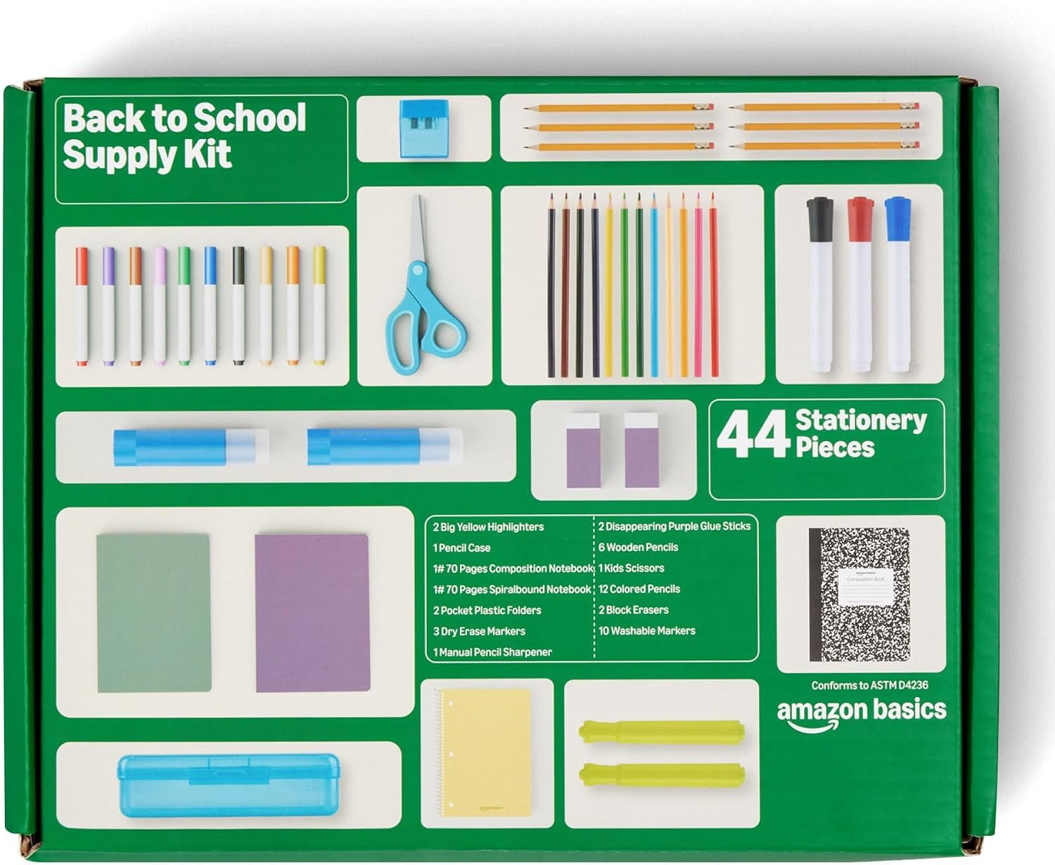 Amazon Basics 44-Piece Back to School Kit with Writing Utensils, Notebooks, Folders, and Organization Tools, Complete School Supplies for Kids, Multicolor