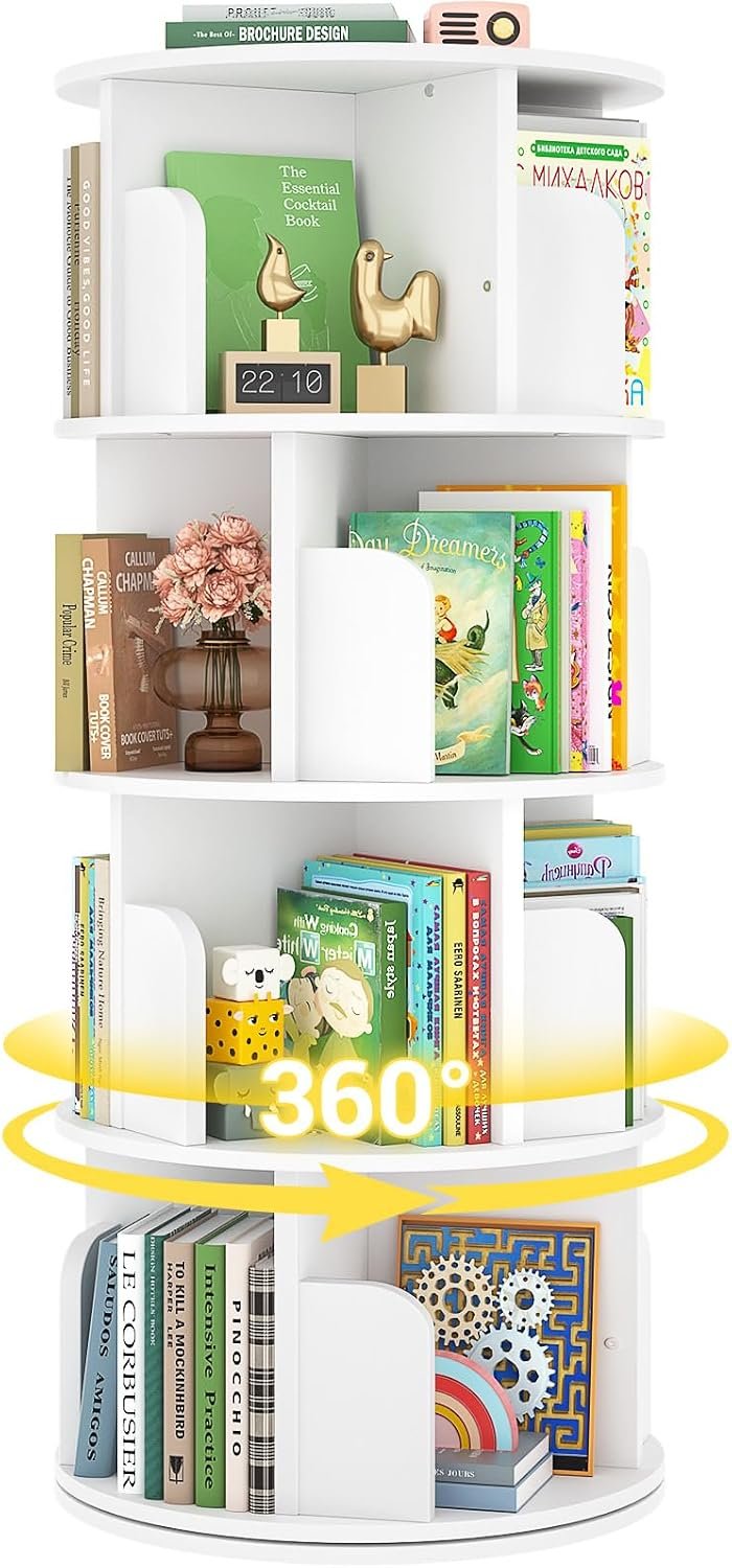 Besiost Rotating Bookshelf, Wood Corner Bookshelf, 360 Display Spinning Bookcase Storage Rack, 4 Tier Floor Standing Revolving Bookcase Narrow Book Shelf Organizer for Small Space, Bedroom, White