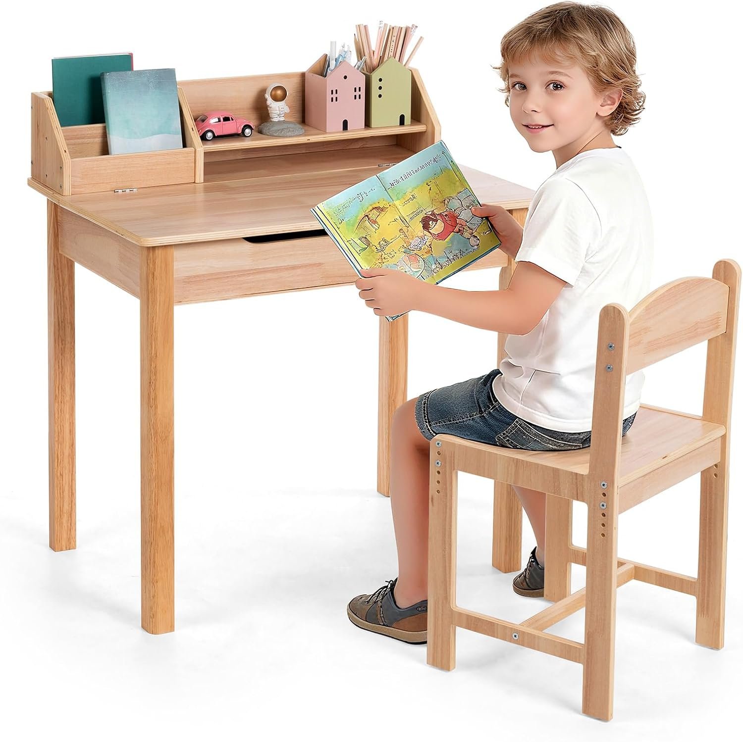 UNICOO® Wood Kids Desk and Chair Set, Height Adjustable Children Study Desk with Flip-Top Storage, Book Rack and Hutch, Wooden Writing Table for Reading, Drawing and Homework
