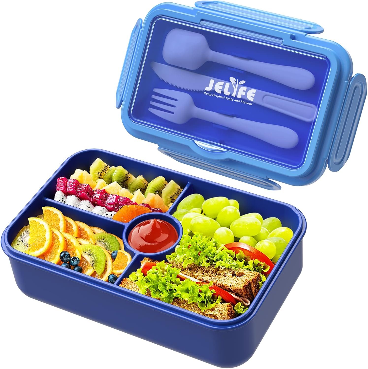 Jelife Bento Lunch Box for Kids – Leakproof Large Bento-Style with 4 Compartments Portions Lunchbox with Tableware Back to School, Reusable On-the-Go Meal and Snack Packing, Blue