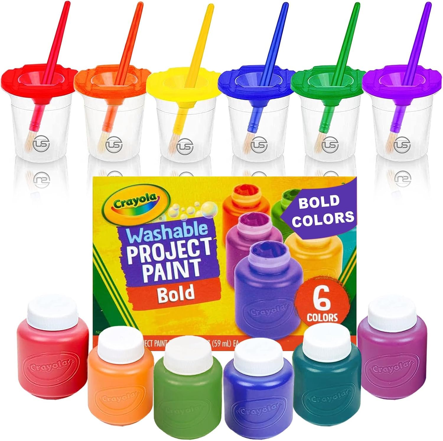 Kids Painting Set, Washable Paint for Kids with Paint Cups Gift Bundle | Bold Colors Toddler Paints Includes 6 Finger Paint Colors (2 oz Each), 6 no Spill Paint Cups, 6 Paintbrushes Non-Toxic