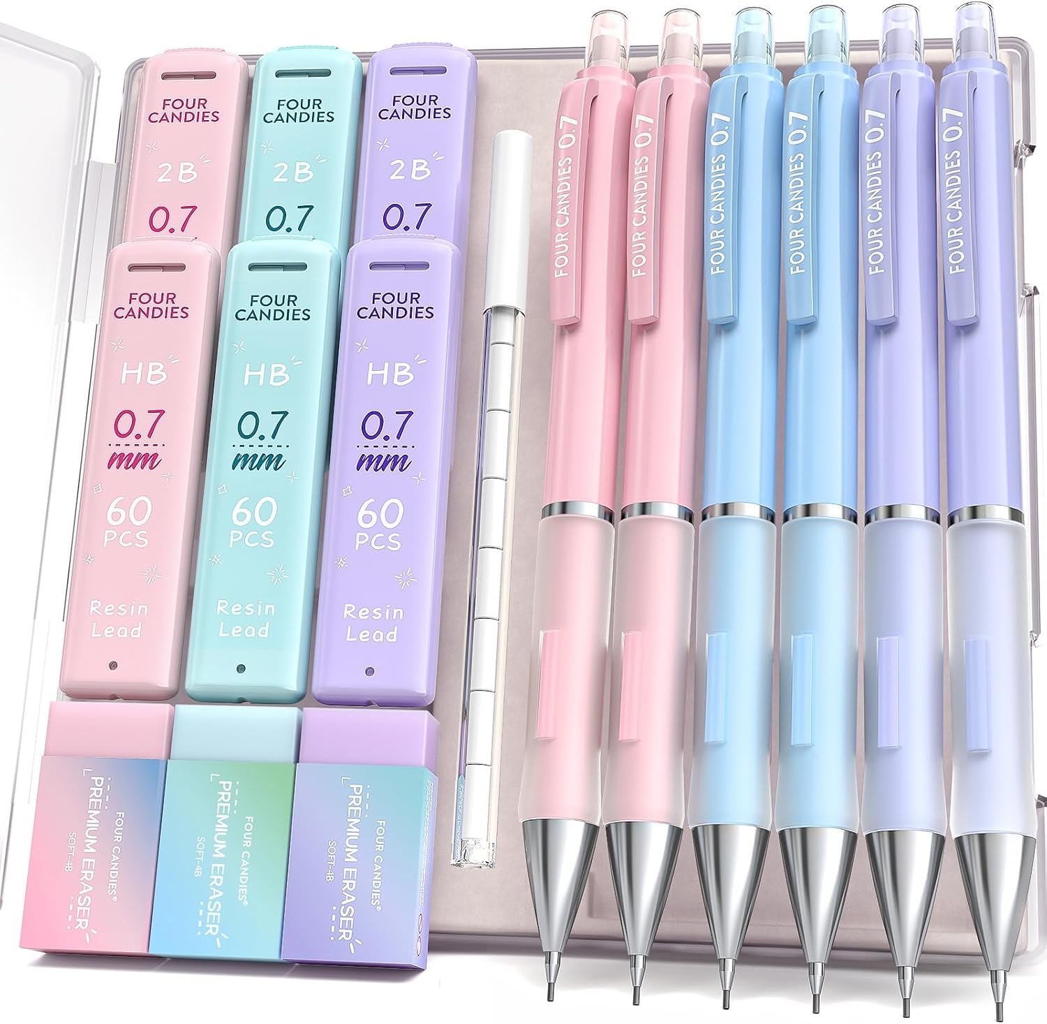 Four Candies Pastel Mechanical Pencil Set, 0.7mm Medium Point, Pack of 6 | 360 HB/2B Leads, 3 Erasers+9 Refills, Storage Case, Cute Pink/Purple/Blue Barrels, Rubber Grip, for School Note Taking, Exams