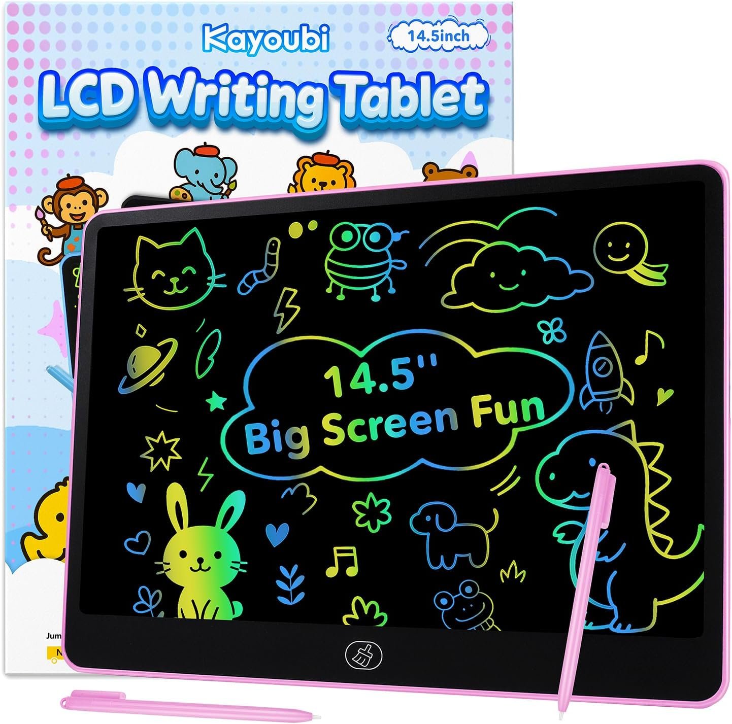 Kayoubi LCD Writing Tablet for Kids, 14.5 Inch Large Drawing Board, Pink | Reusable erasable doodle pad with 2 pens, no blue light, educational learning toy, gifts for boys and girls ages 3-8