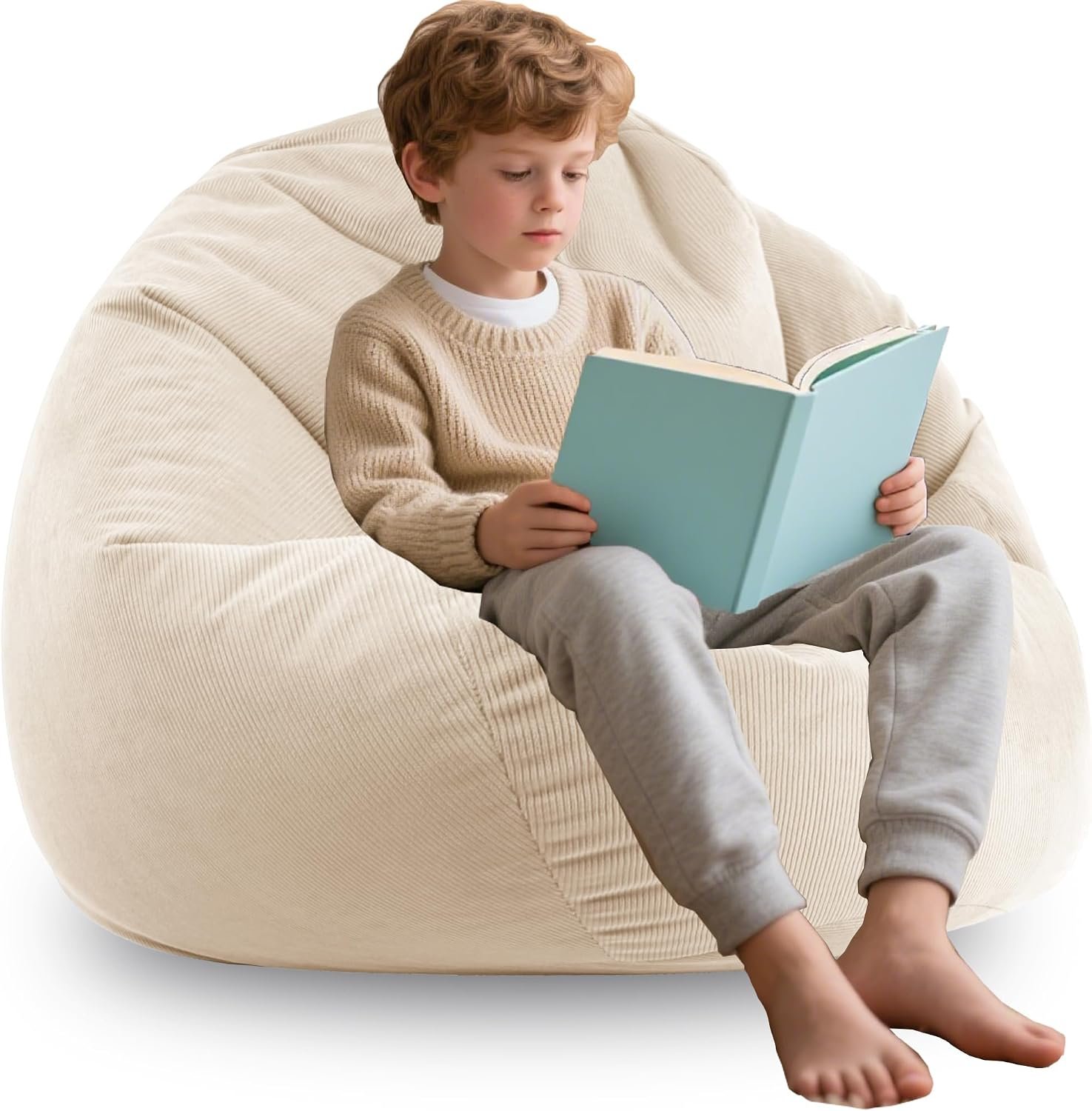 ENBAOHUI 3FT Memory Foam Bean Bag Chairs for Teens or Kids with Filling Bean Bag Sofa with Handle Super Soft Corduroy Fabric Lazy Sofa 3 Foot Beige