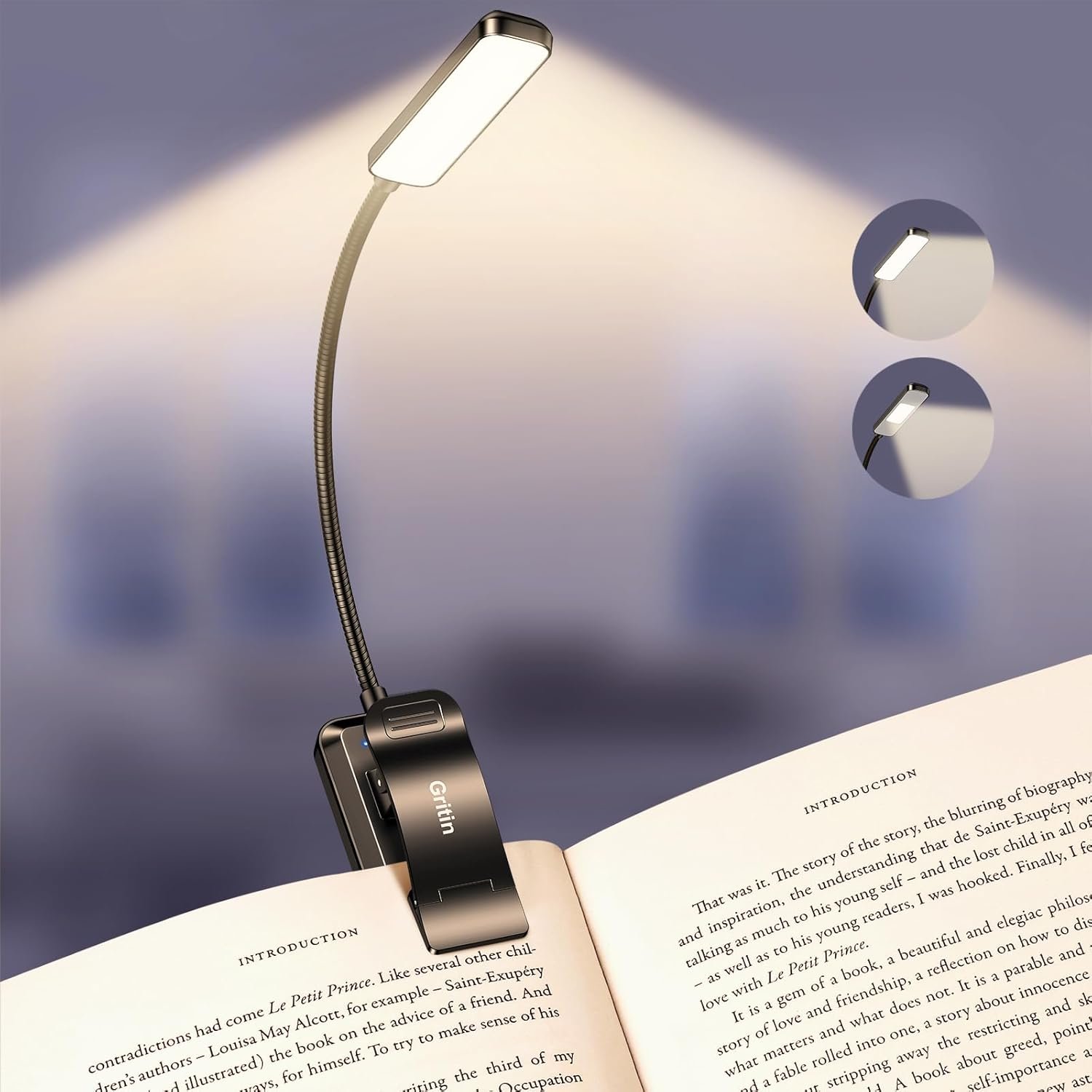 Gritin 2026 Gen 2 Book Light for Reading- 30 Eye Caring Full Spectrum LED | 5 Colors & 5 Brightness, Adjustable Wide/Narrow Beam, Upgrade 1500mAh Long-Lasting Rechargeable Clip on Light for Book Lovers