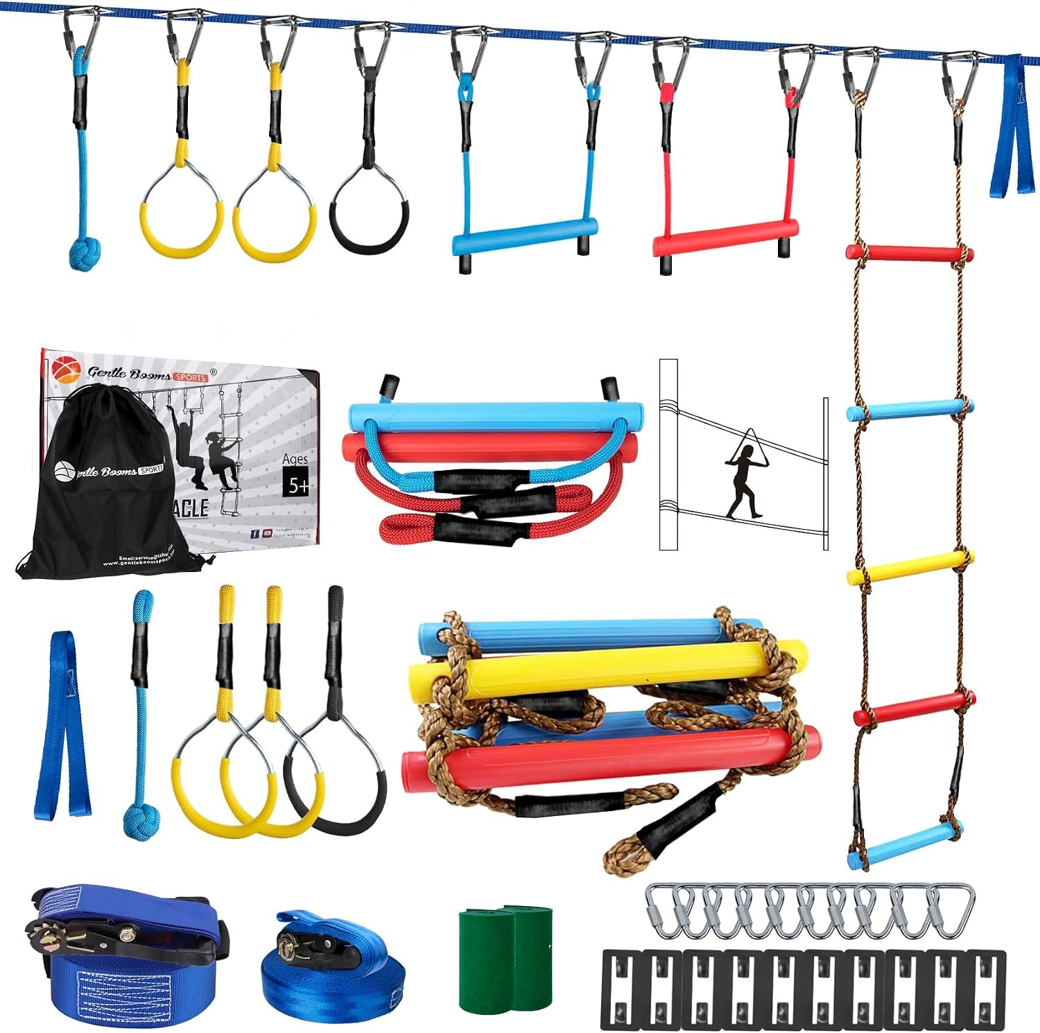 Ninja Warrior Obstacle Course for Kids – 2*56FT Slackline Kit with 8 Obstacles | Upgraded Quick-Install Buckles (No Threading Needed), 900lbs Max Load Backyard Training Gear