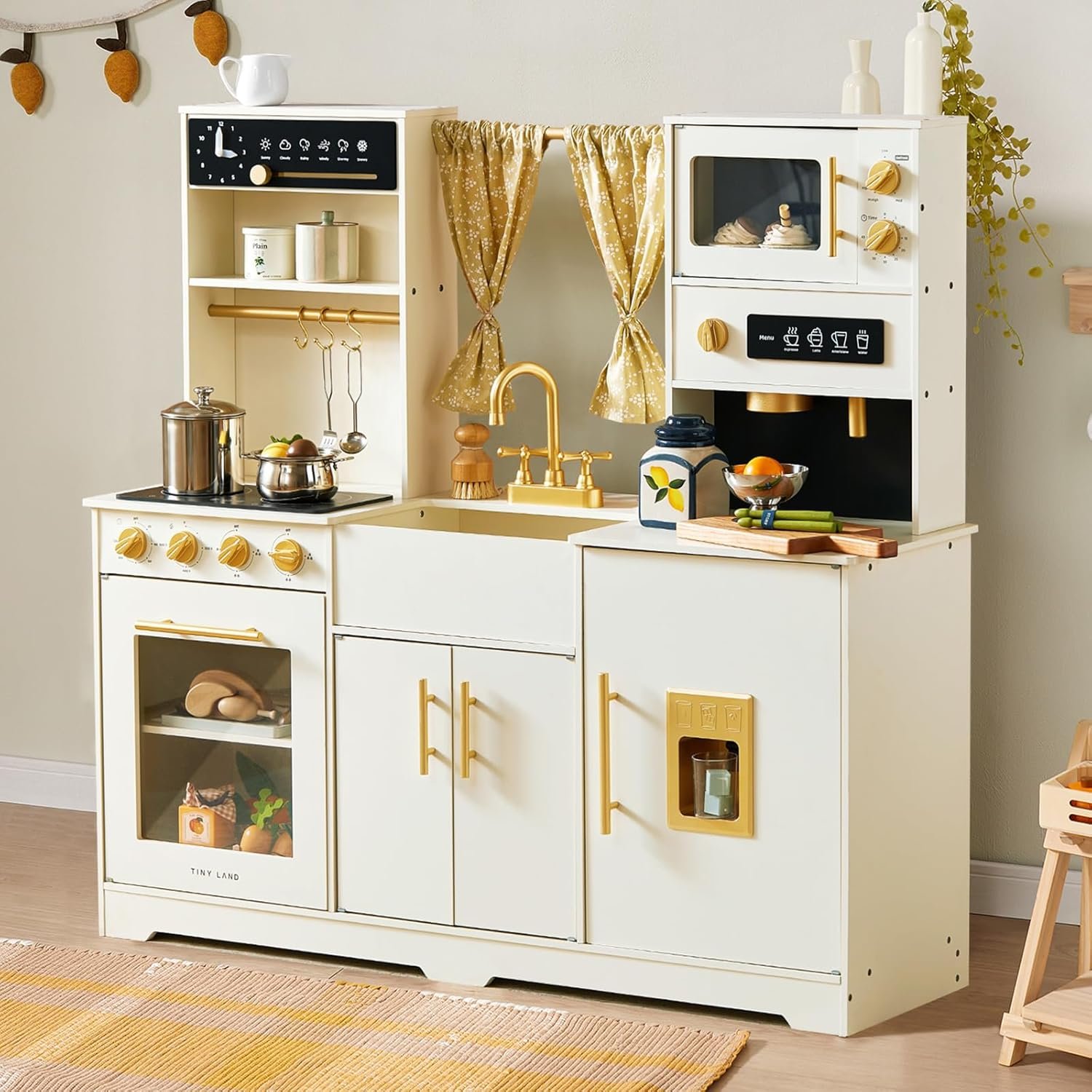 Tiny Land Play Kitchen for Kids – Modern Home Design with Fabric Curtains | Interactive Wooden Kitchen with Coffee Maker & Microwave, Pretend Play Toy, Birthday & Christmas Gift for Boys & Girls
