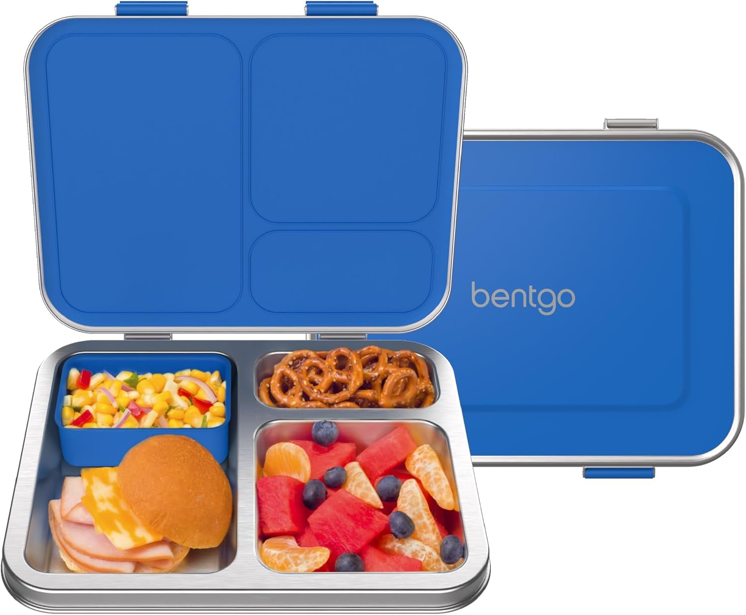 Bentgo Kids Stainless Steel Leak-Resistant Lunch Box, 3 Compartments | Bonus Silicone Container, PFAS & BPA-Free, Odor-Resistant, Dishwasher Safe, Ages 3+ (Blue)