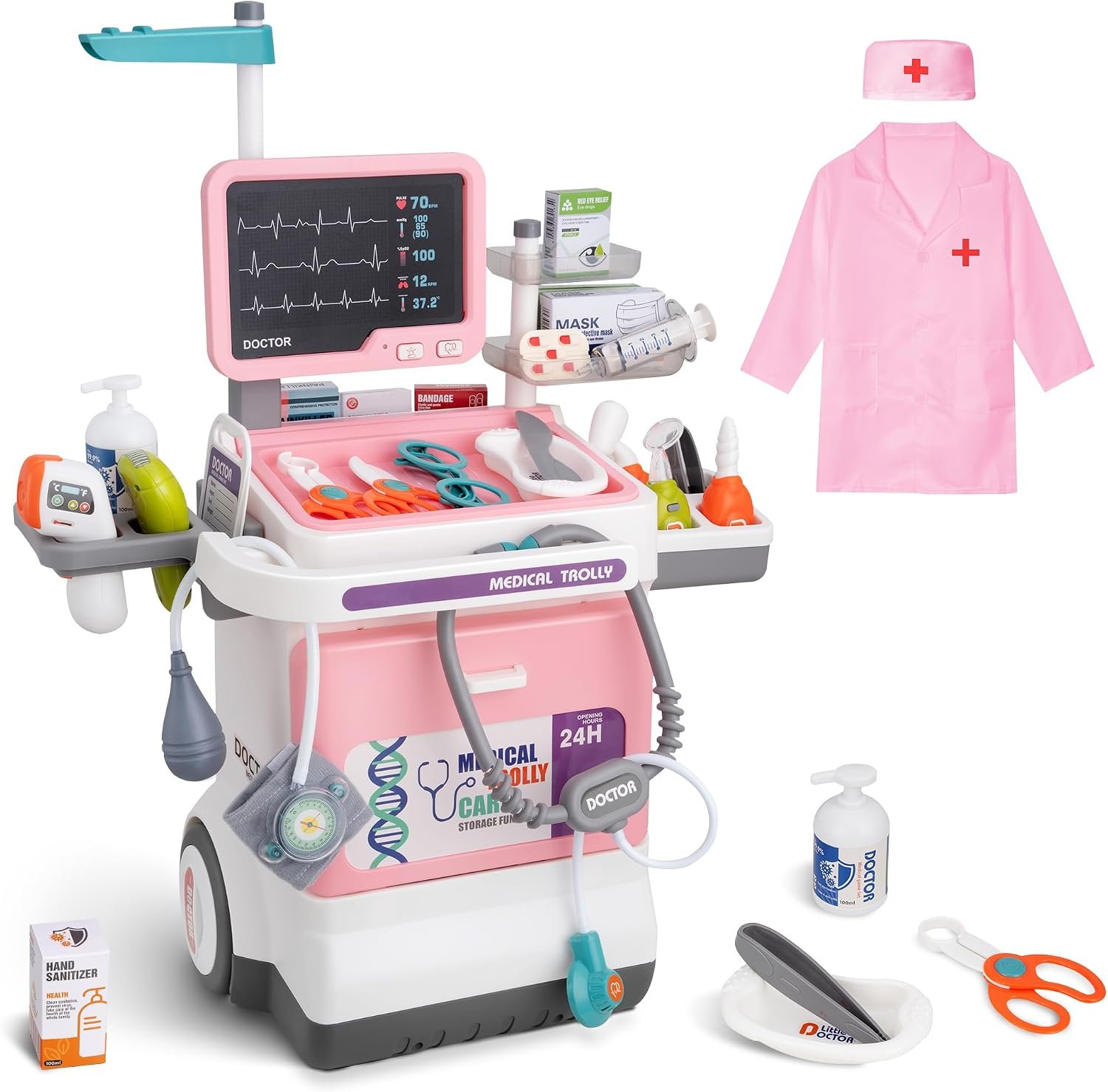 Doctor Kit for Toddlers – Deluxe Pretend Play Medical Cart Toy Set with Stethoscope ,Thermometer,Doctor Costume & Carry Bag – Educational Role Play Gift for Kids Boys & Girls Ages 3 4 5（Pink）