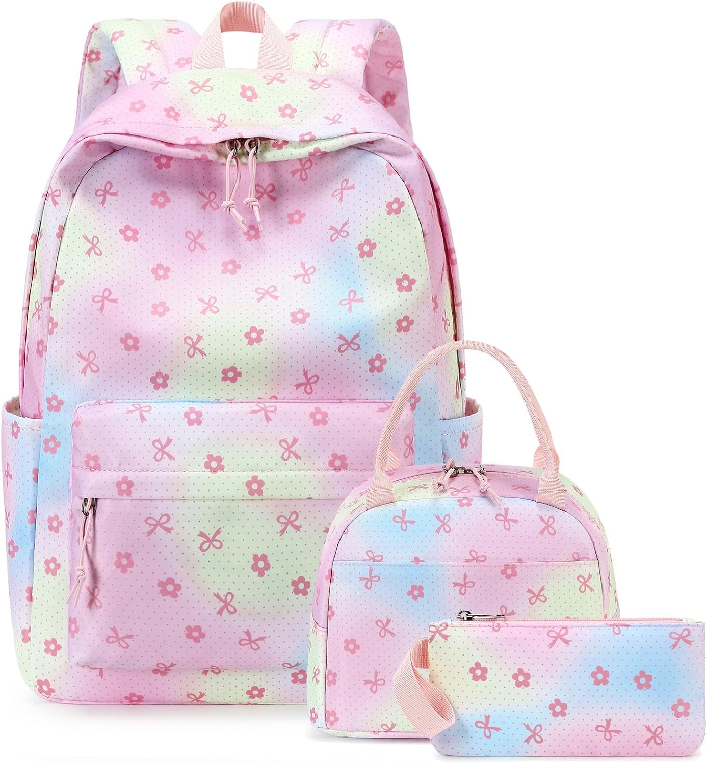 Bluboon Teen Girls School Backpack Kids Bookbag Set with Lunch Box Pencil Case Travel Laptop Backpack Casual Daypacks (Rainbow pink polka dots)