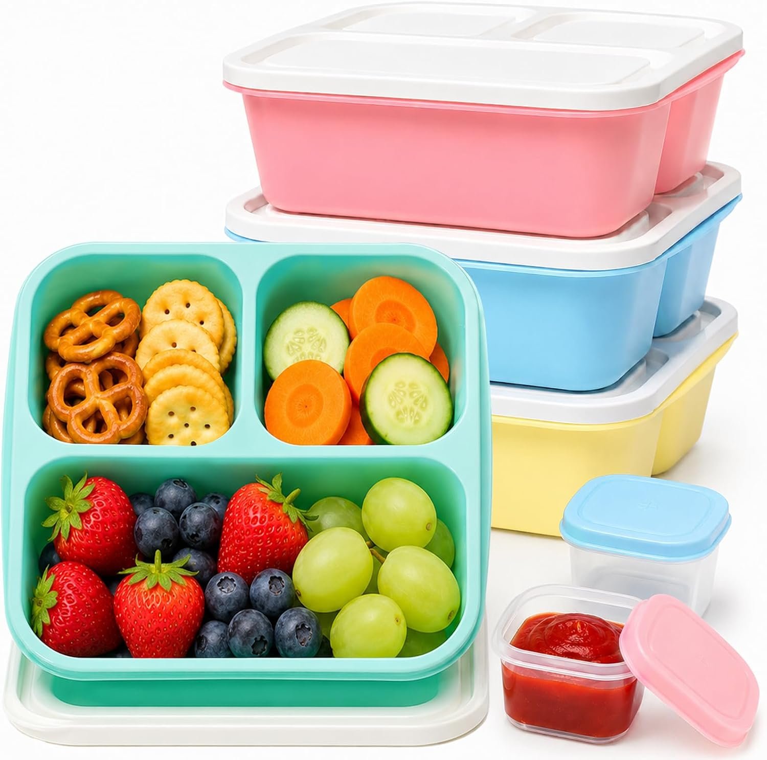 Bento Box Snack Containers, 3 Compartment Lunch Containers for Adults, Reusable Stackable Meal Prep & Food Storage Containers with Leakproof Sauce Cups, 4 Pack