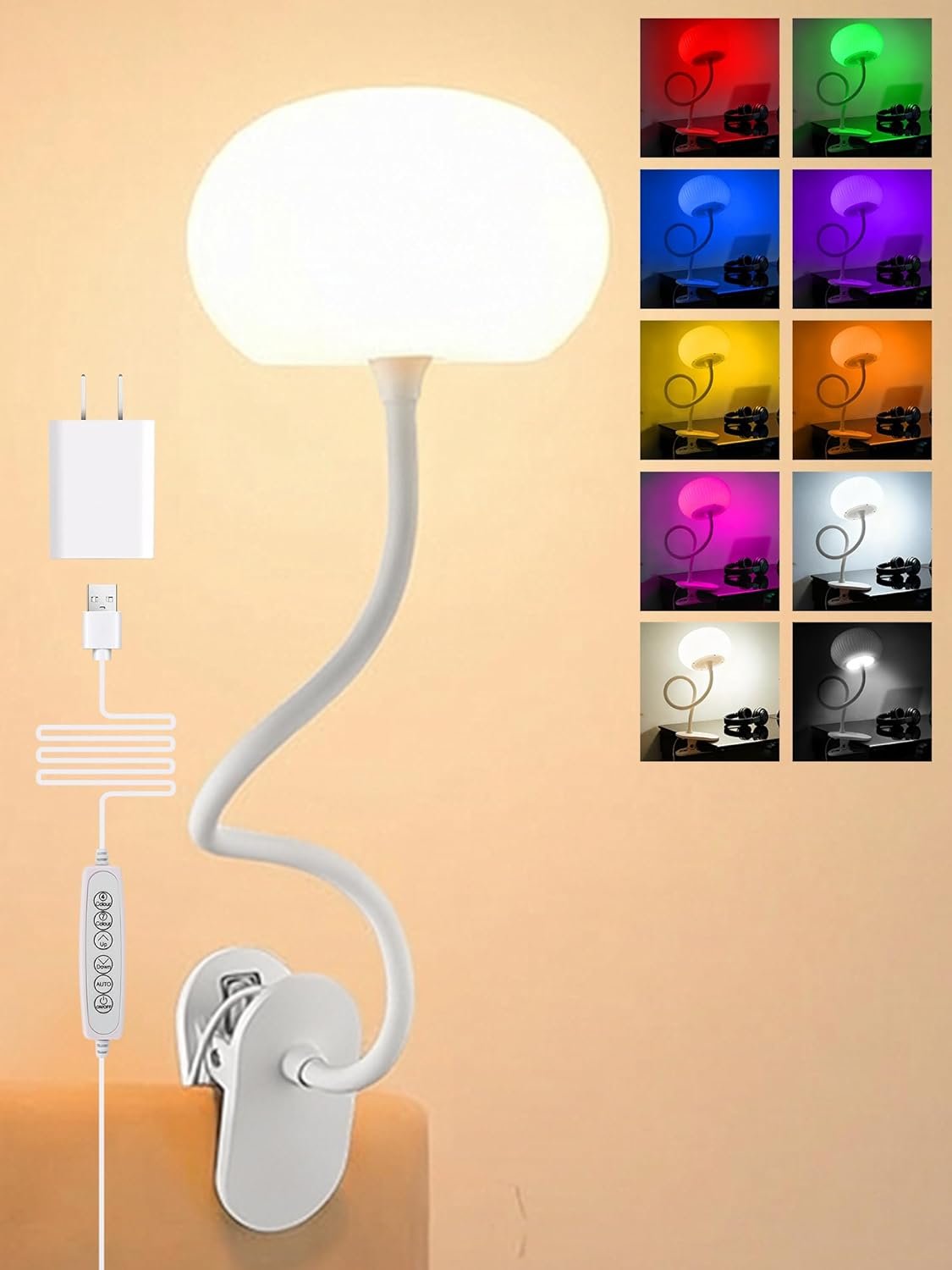 Clip on Lamp, 10 RGB Colors+10 Brightness Clip on Desk Lamp for Dorm Lamp | 800 lm Bright Clip on Light, USB Adapter Clamp Light, Reading Light for Bed/Headboard/Bedside Table/Bedroom/Kids Room/College