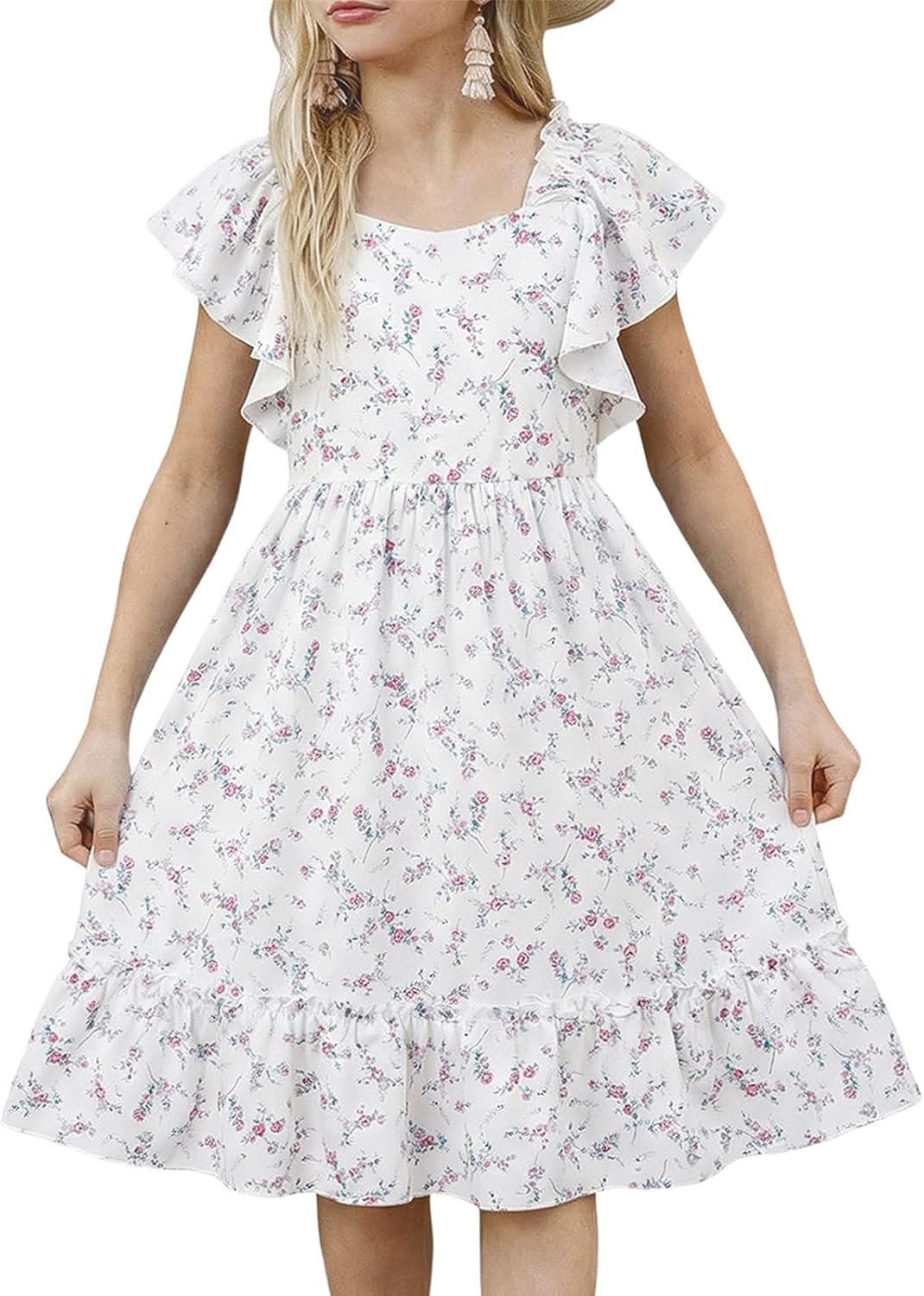 Haloumoning Girls Floral Summer Dress Kids Boho Ruffle Short Sleeve Square Neck Smocked Midi Dresses 5-14 Years