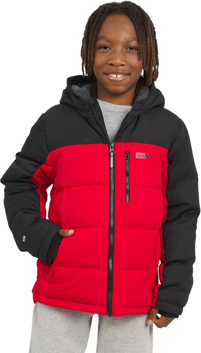 Eddie Bauer Boys’ Classic Heavyweight Faux Fur Lined Hooded Insulated Down Jacket