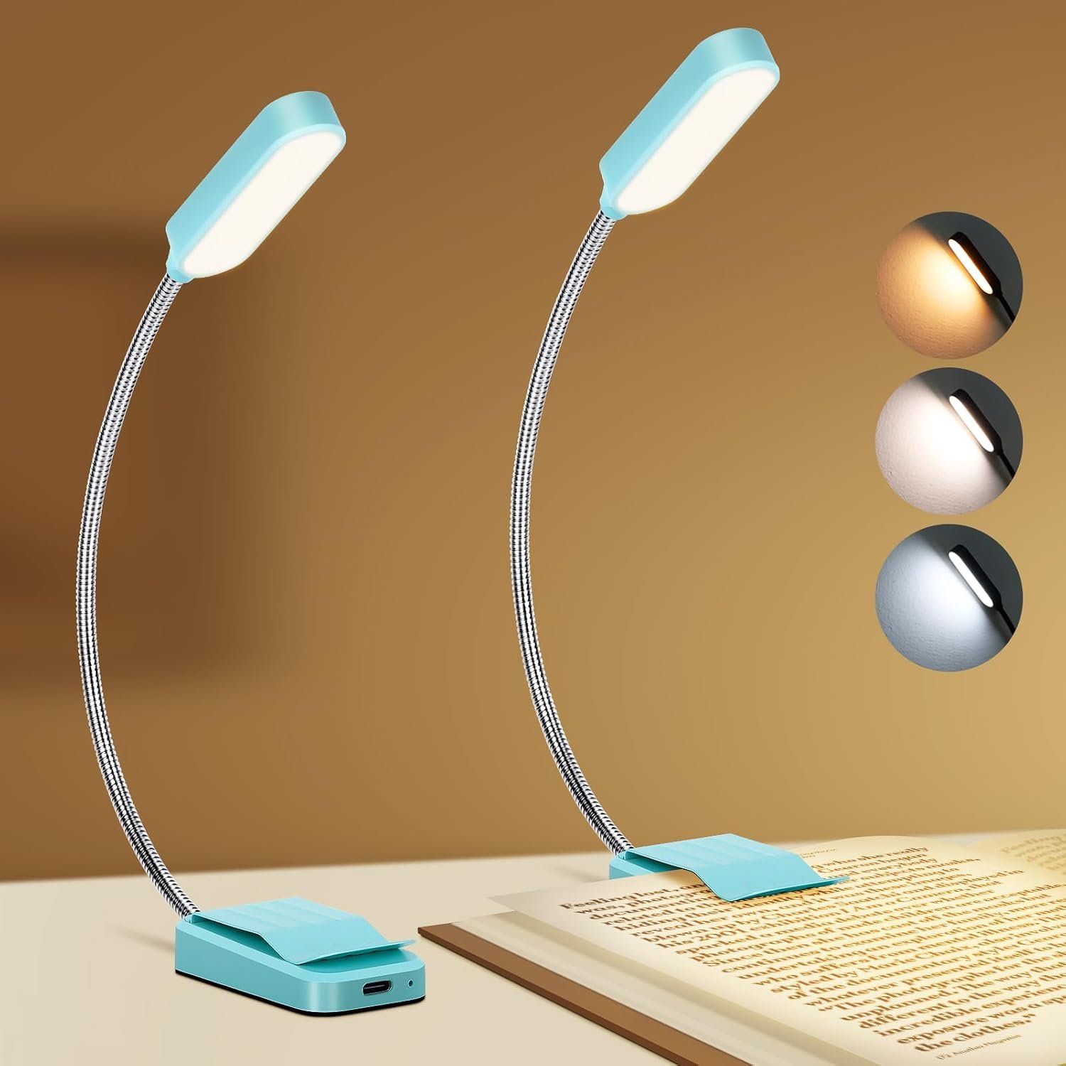 2 Pack Rechargeable Book Lights for Reading in Bed, Eye-Caring Clip-On Reading Lights with 3 Color Temperatures & 3 Brightness Levels, Lightweight Book Light for Night Reading, Kids, Study