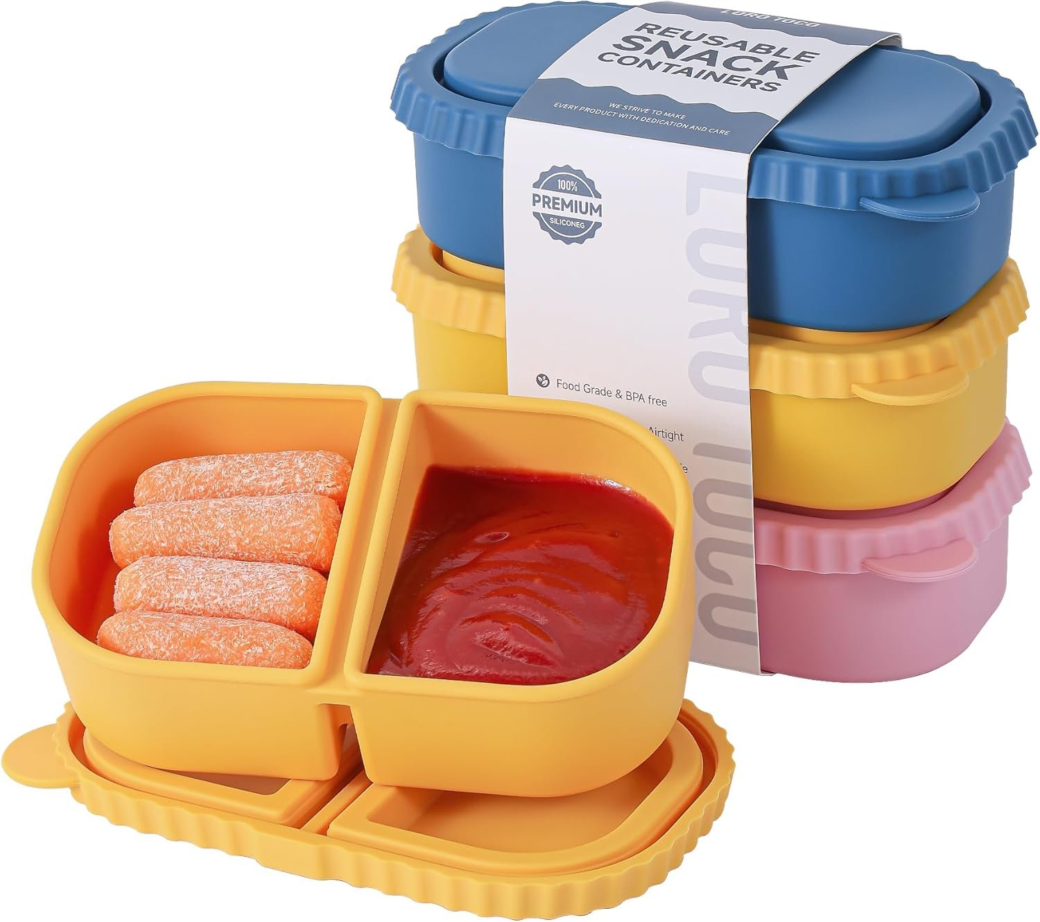 3 Pack Silicone Reusable Snack Containers with Lids – 8 oz Double Compartment Snackle Box for Kids & Adults, BPA-Free & Leakproof, Small for Dressing, Snacks, School, Office, Picnic