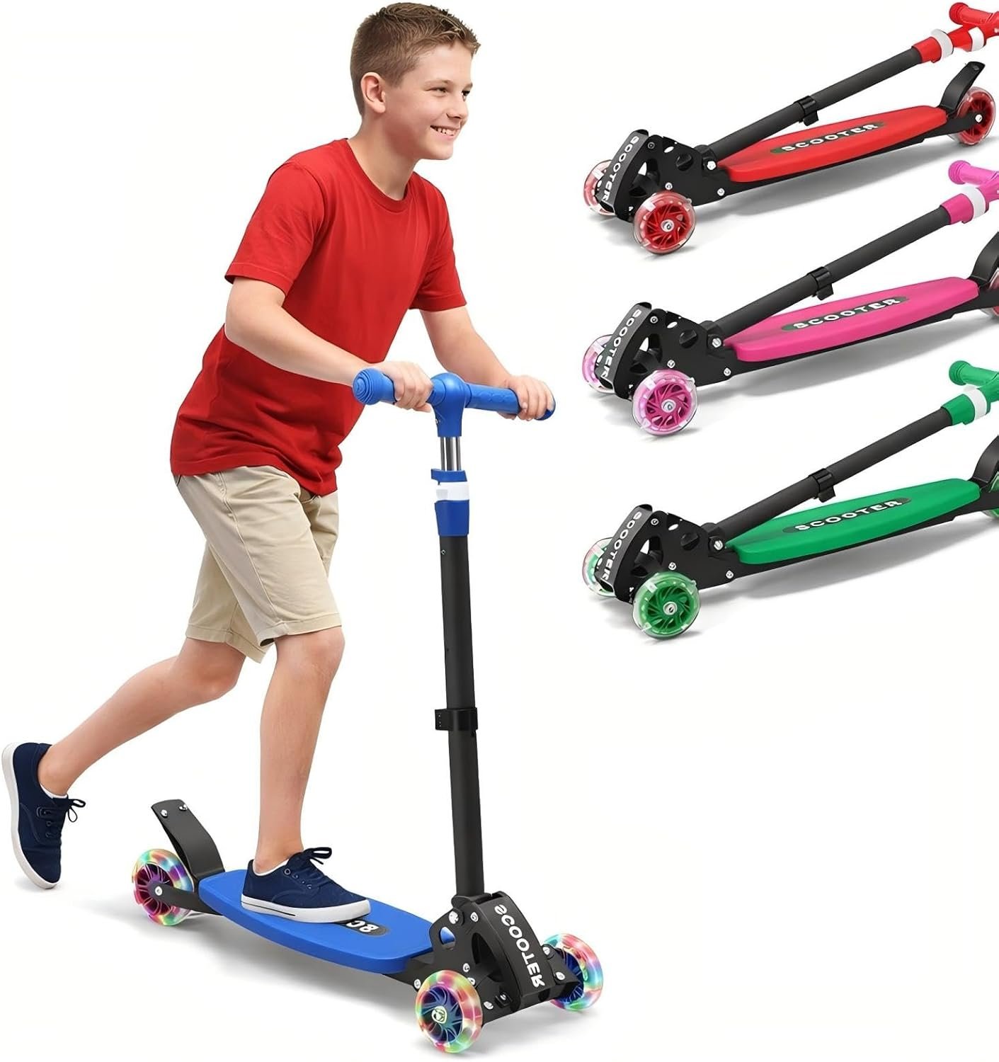 3 Wheel Kids Kick Scooter for Ages 3-12, Lean-to-Steer, Light-Up Wheels, 3-Level Adjustable Handlebar 27.5”-33”, Wide Non-Slip Deck, Dual Rear Brake,Travel Foldable, for Boys & Girls Toy Gifts