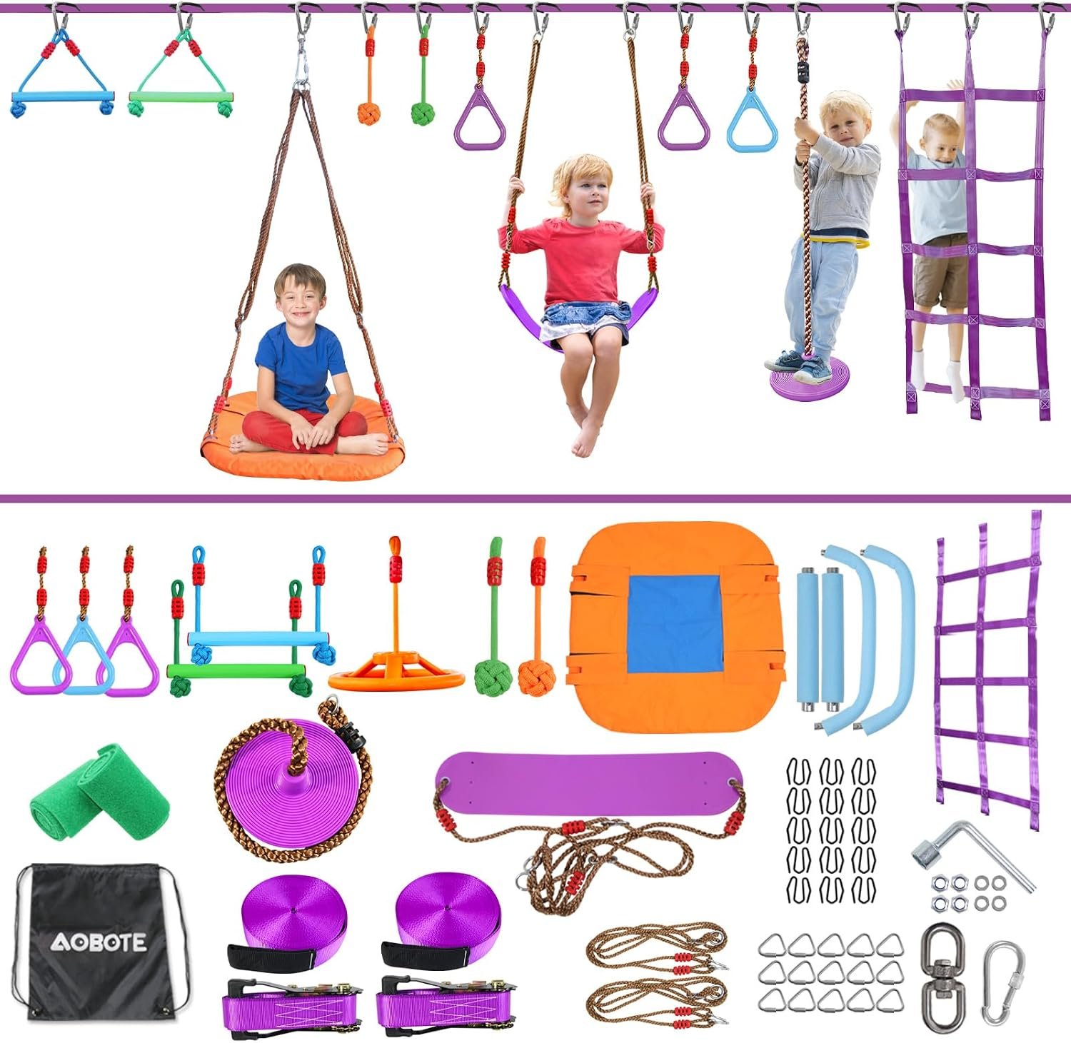 AOBOTE Ninja Warrior Obstacle Course for Kids,2x56ft Slackline with 12 Accessories,Saucer Swing with 360 Degree Rotating Wheel,Ninja Course for Kids Outside(AB010001-3)