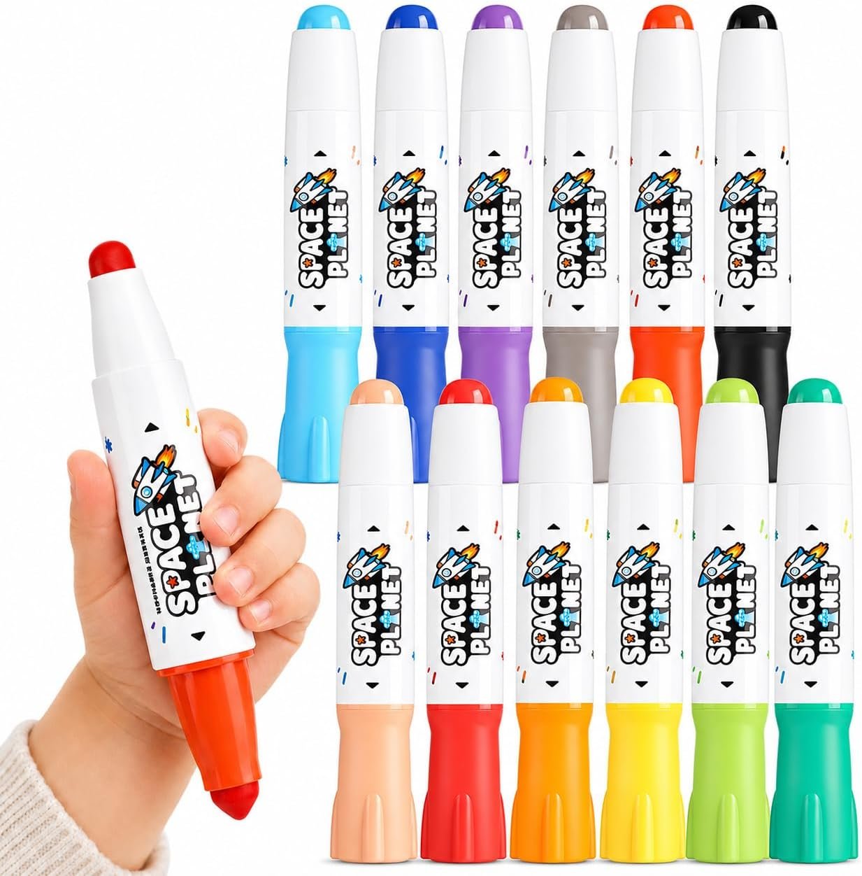 Washable Markers for Kids, 12 Count Jumbo Rocket Shaped Dual Tip Markers | Cone Tip and Round Dot Tip, Toddler Art Supplies for Preschool, Classroom Crafts, Coloring and Drawing