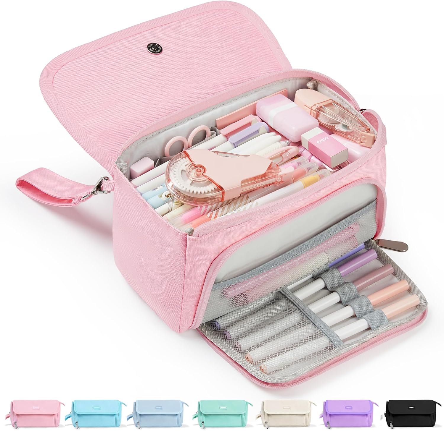 Sooez Super Large Pencil Case, Big Capacity Pencil Bag with 3 Compartments, Hold 200 pencils, Cute Pencil Pouch with Zipper, Portable Stationery Pen Bag, Aesthetic School Supplies For Girls, Pink
