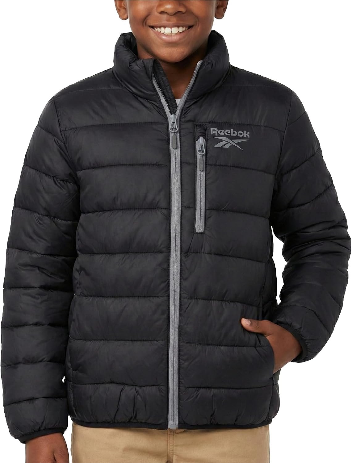 Reebok Boys Midweight Quilted Puffer Jacket, Wind & Water Resistant Coat | Light Fill Keeps Him Warm Without Bulk, Clean Stand-Collar Styling, Versatile for School, Everyday Play or Seasonal Layering